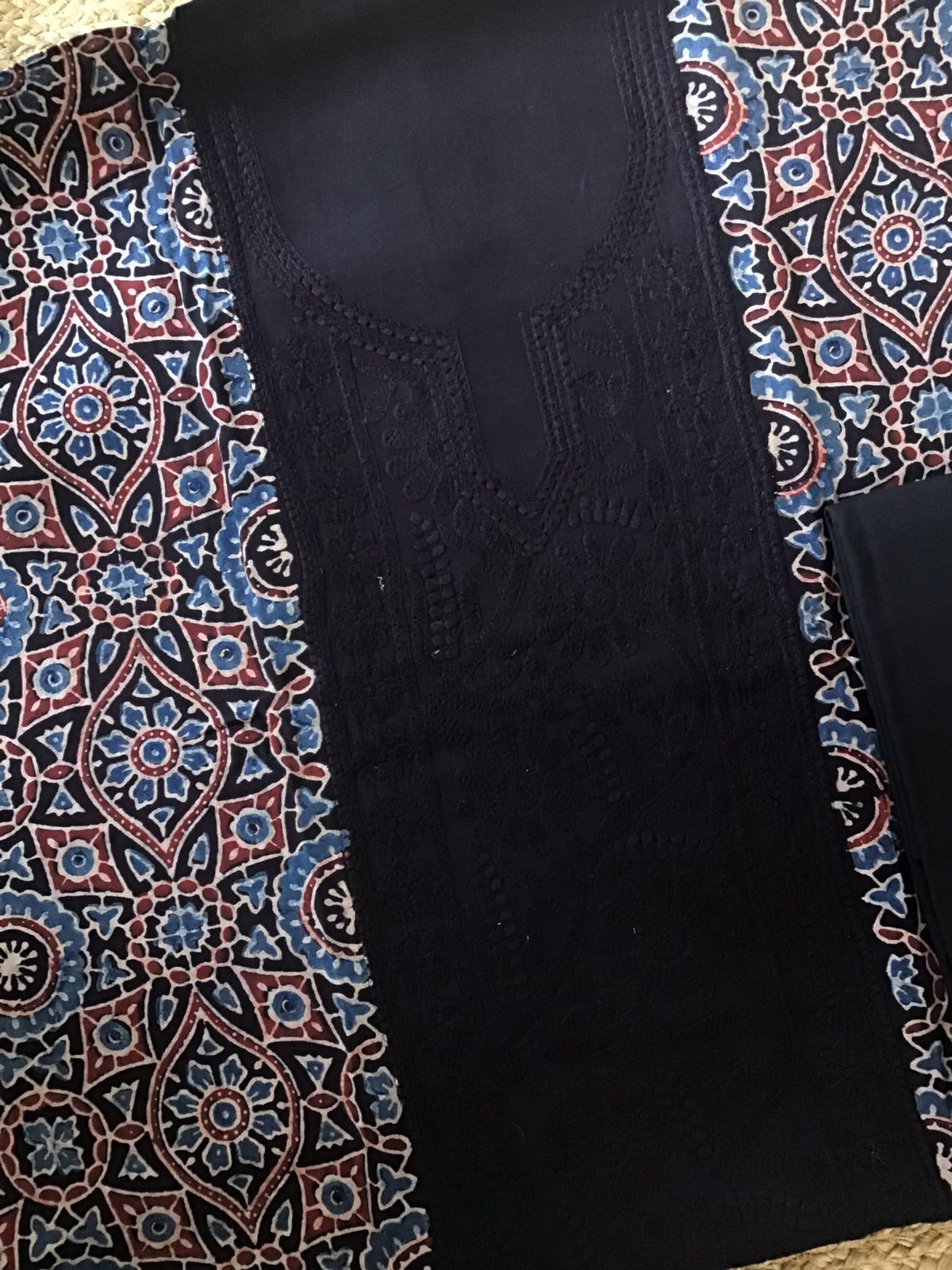 Pure Fine Muslin Silk Ajrakh Printed Embroidered Suit - Black