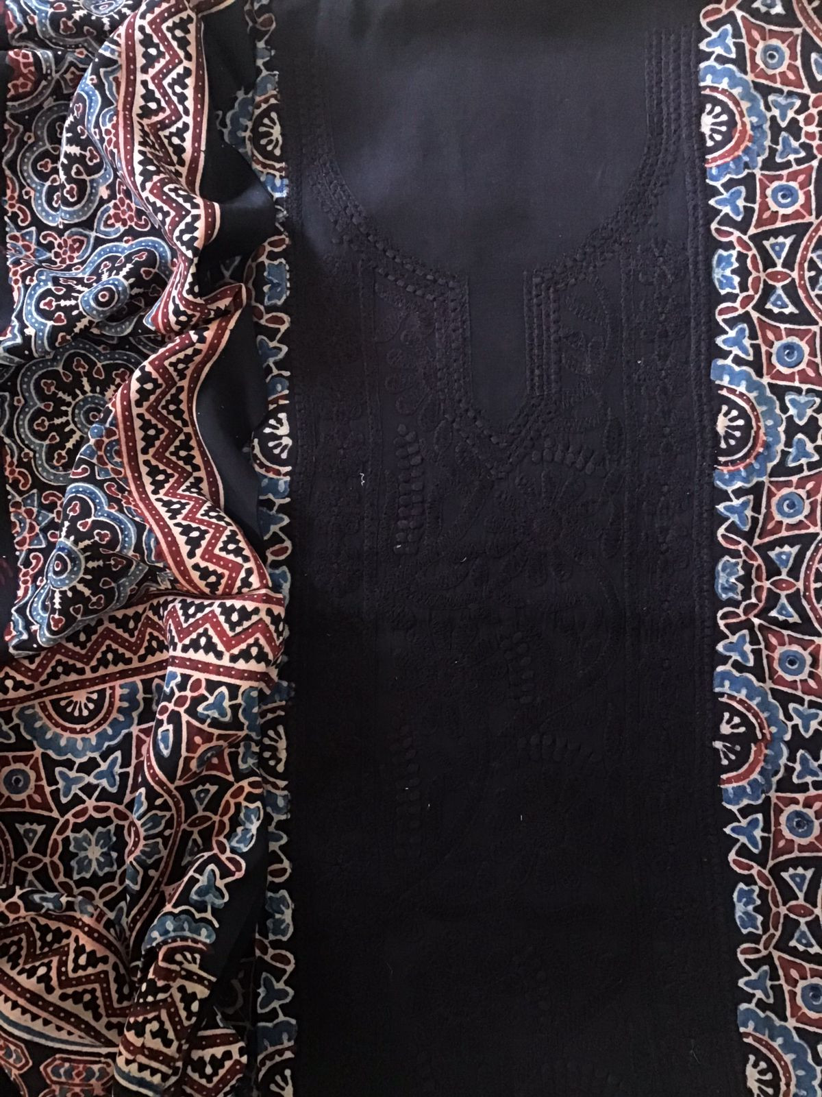 Pure Fine Muslin Silk Ajrakh Printed Embroidered Suit - Black