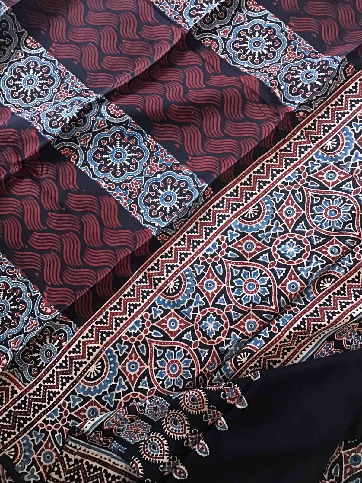 Pure Fine Muslin Silk Ajrakh Printed Embroidered Suit - Black