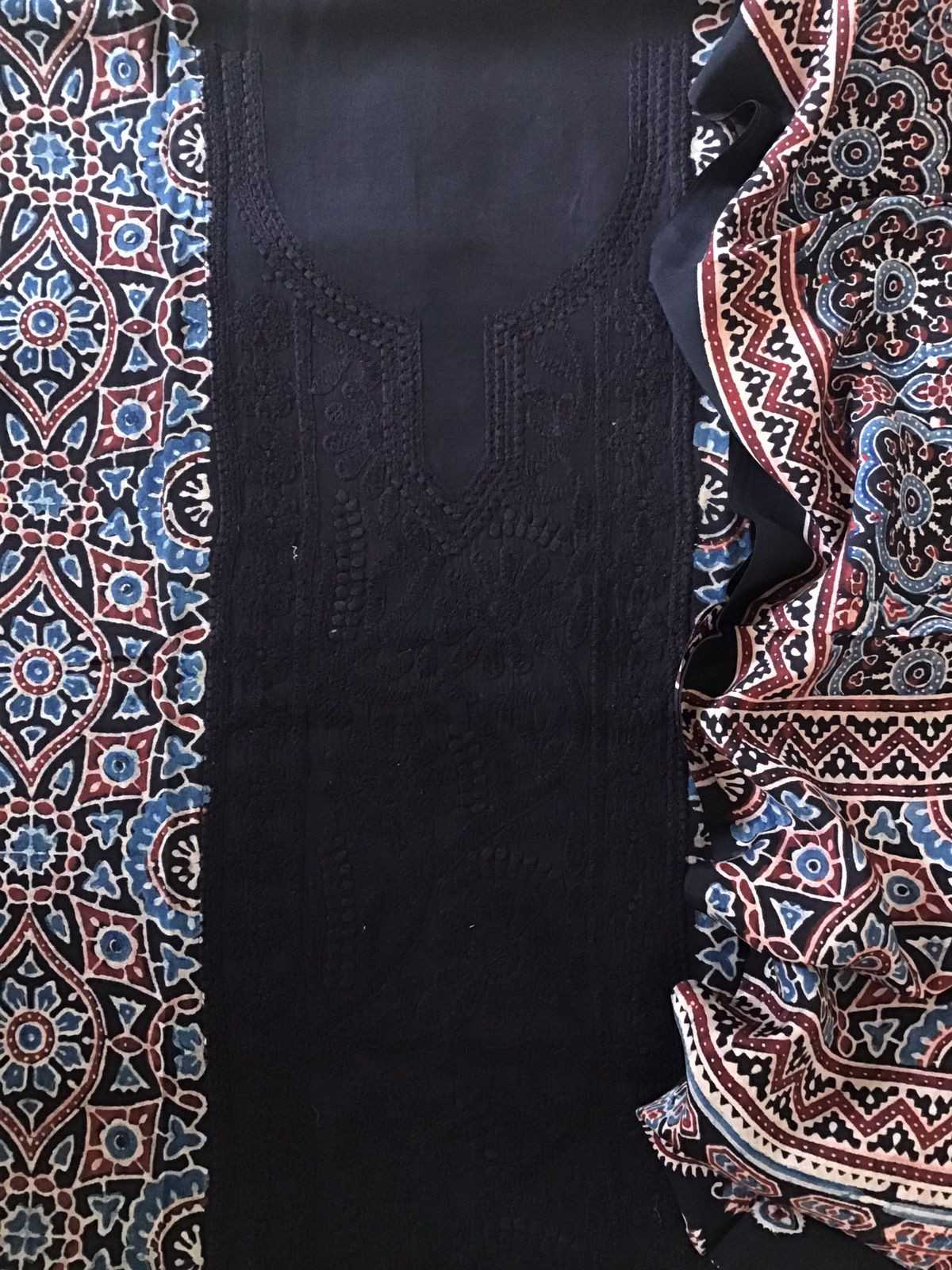 Pure Fine Muslin Silk Ajrakh Printed Embroidered Suit - Black