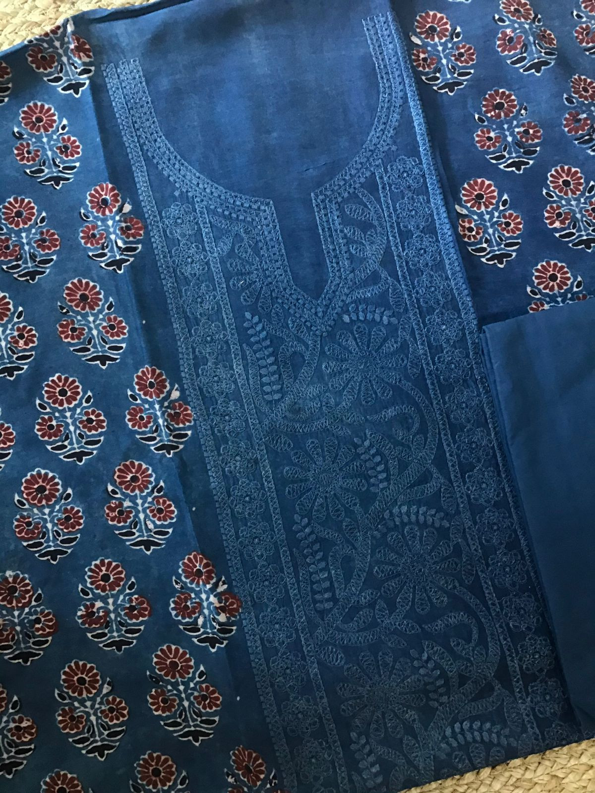 Pure Fine Muslin Silk Ajrakh Printed Embroidered Suit - Blue