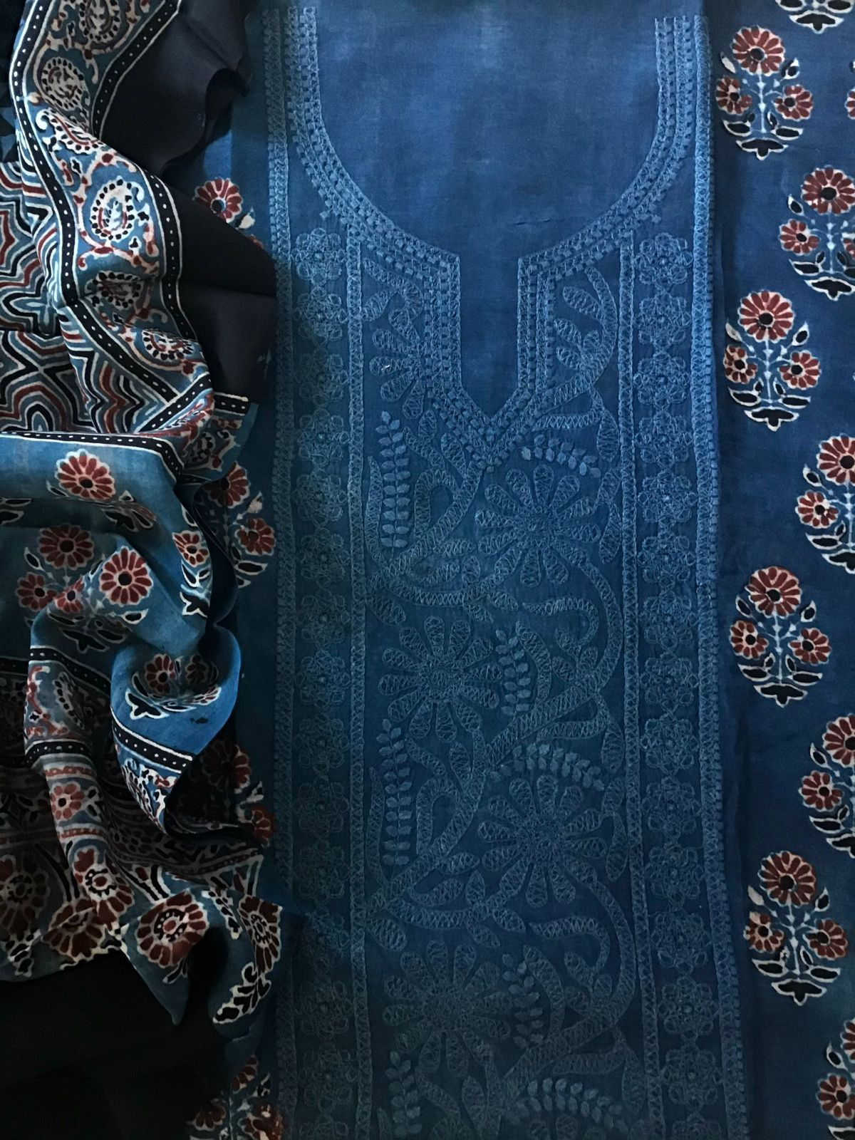 Pure Fine Muslin Silk Ajrakh Printed Embroidered Suit - Blue