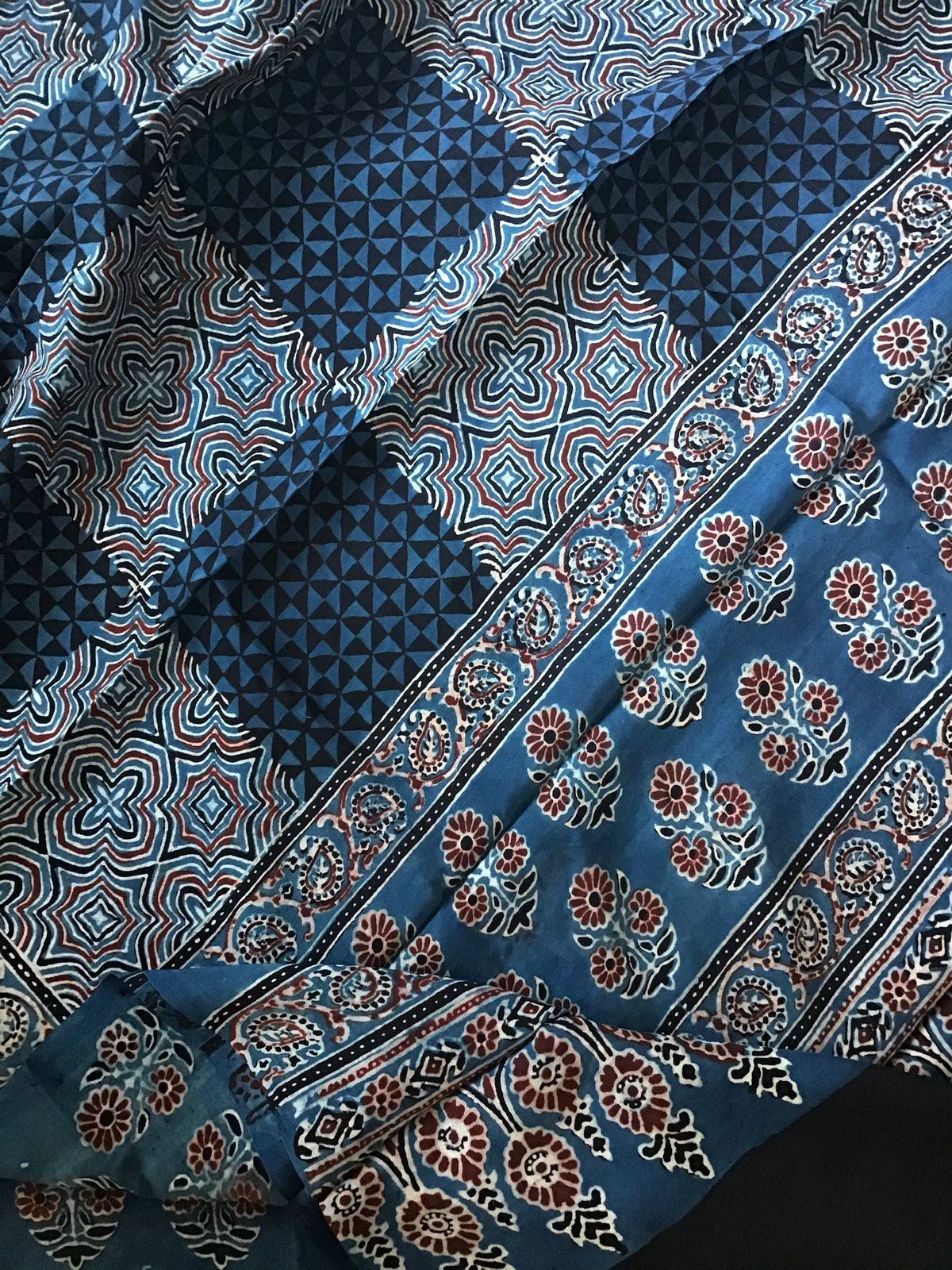 Pure Fine Muslin Silk Ajrakh Printed Embroidered Suit - Blue