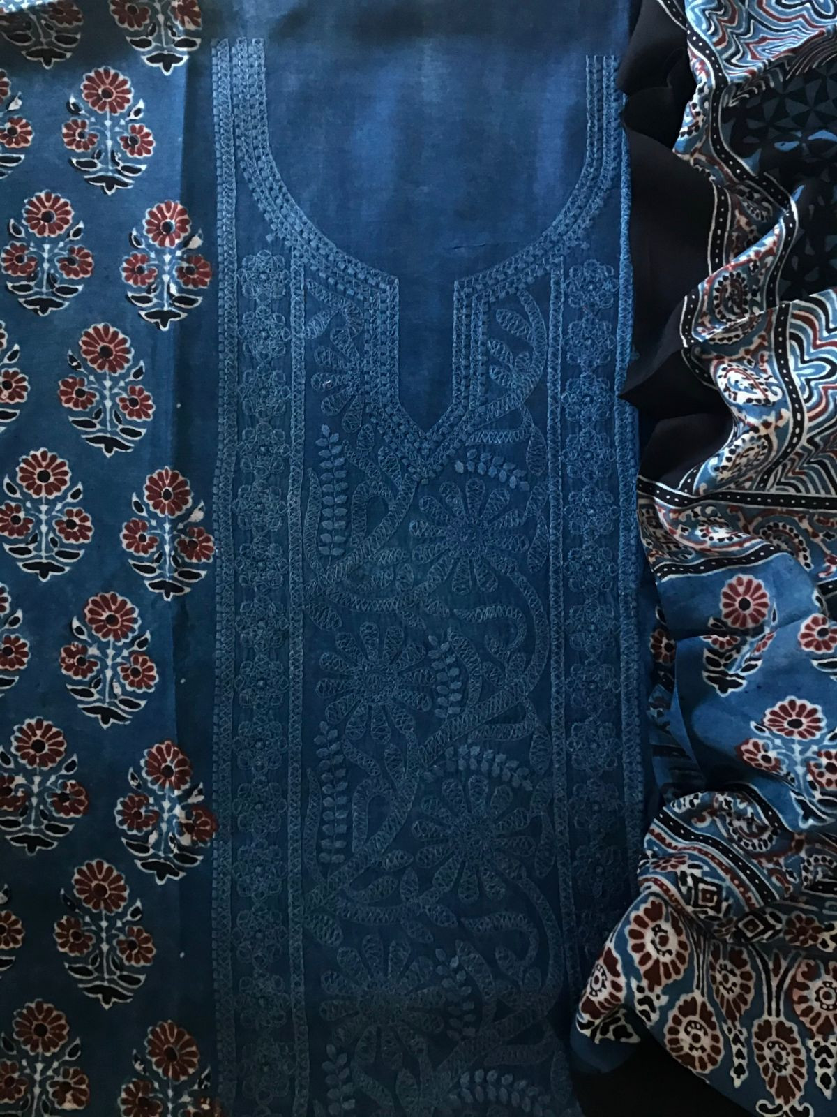 Pure Fine Muslin Silk Ajrakh Printed Embroidered Suit - Blue