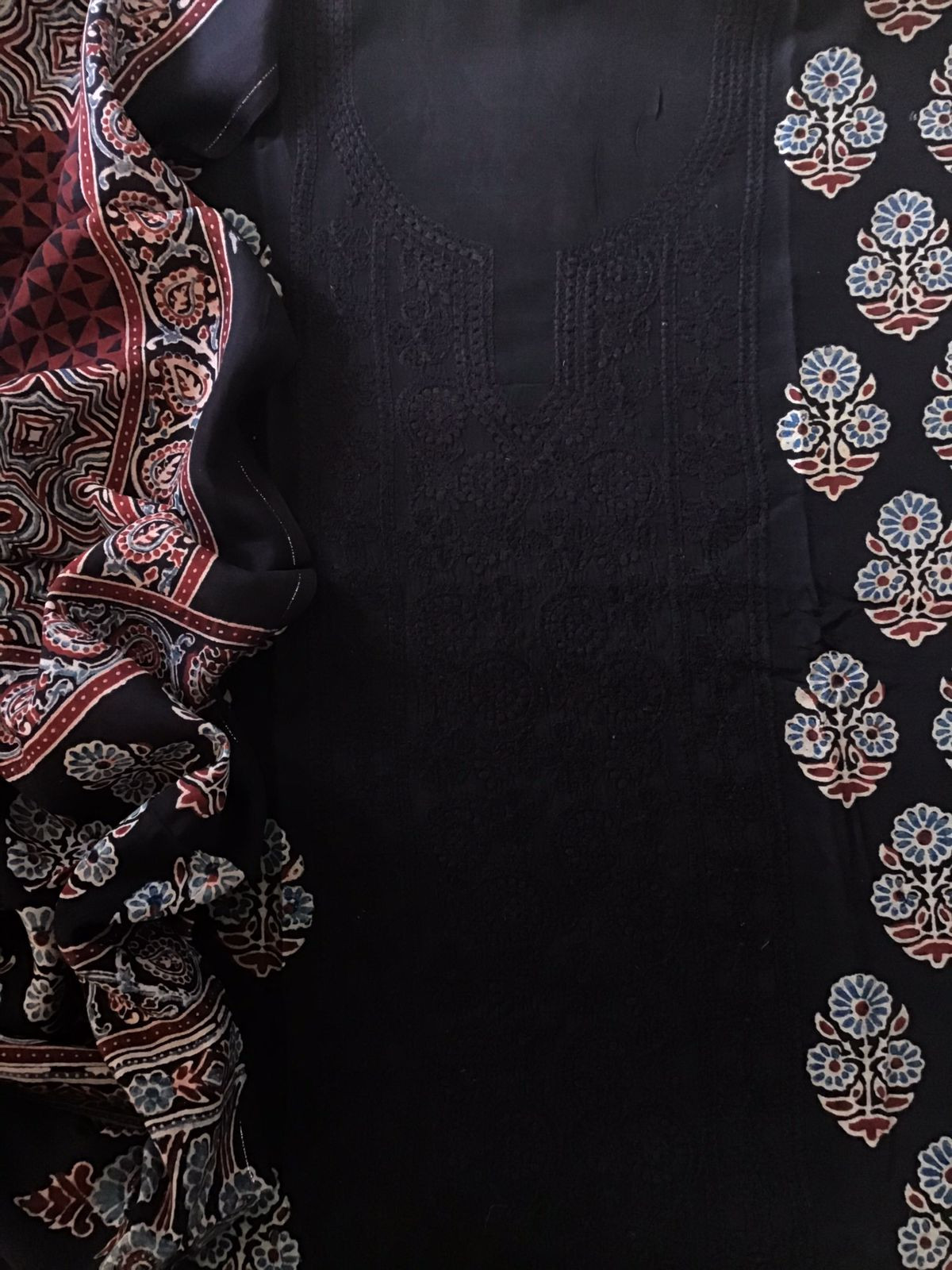 Pure Fine Muslin Silk Ajrakh Printed Embroidered Suit - Black