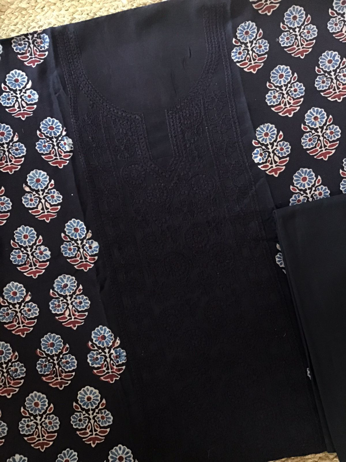 Pure Fine Muslin Silk Ajrakh Printed Embroidered Suit - Black