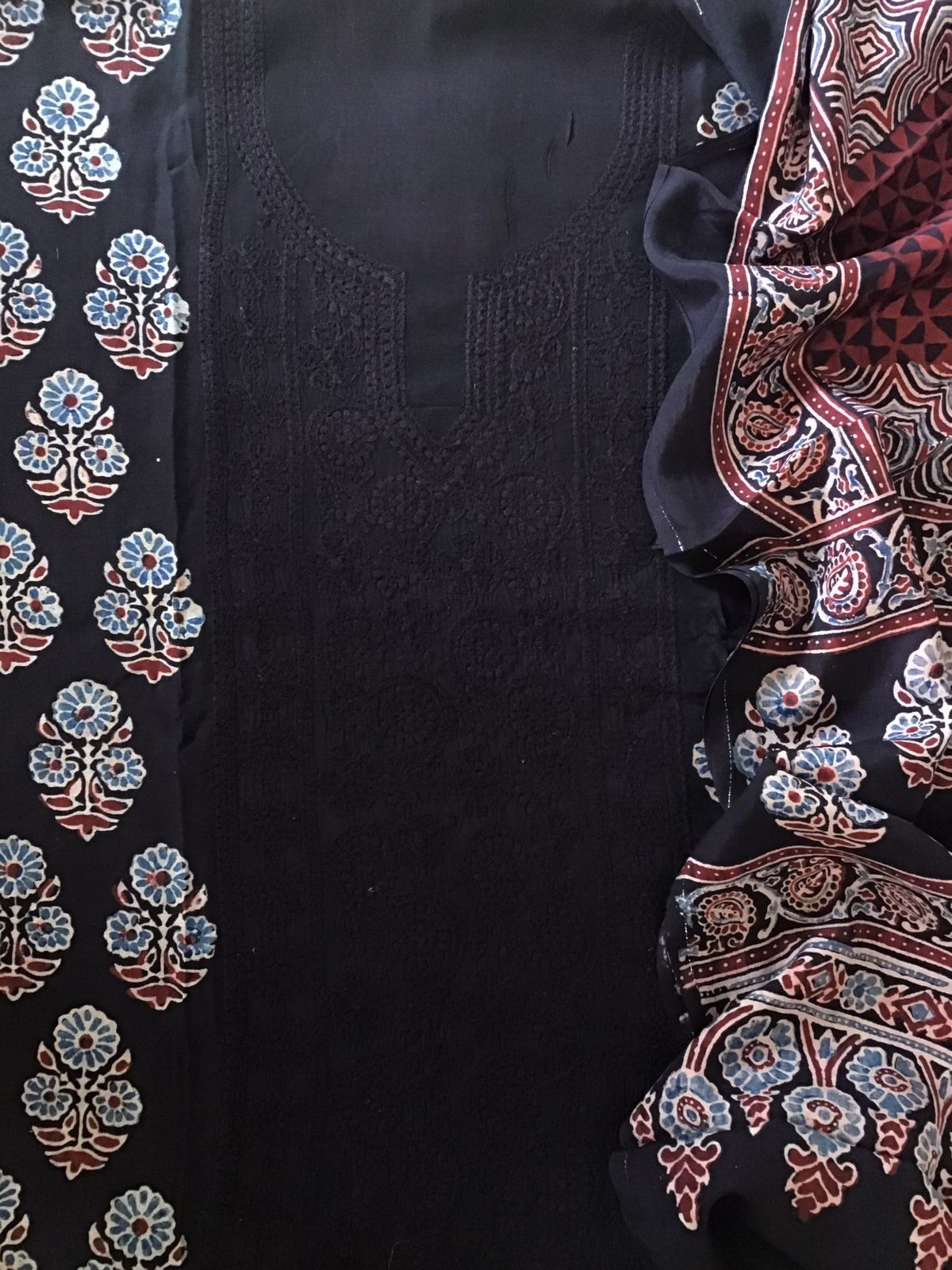 Pure Fine Muslin Silk Ajrakh Printed Embroidered Suit - Black