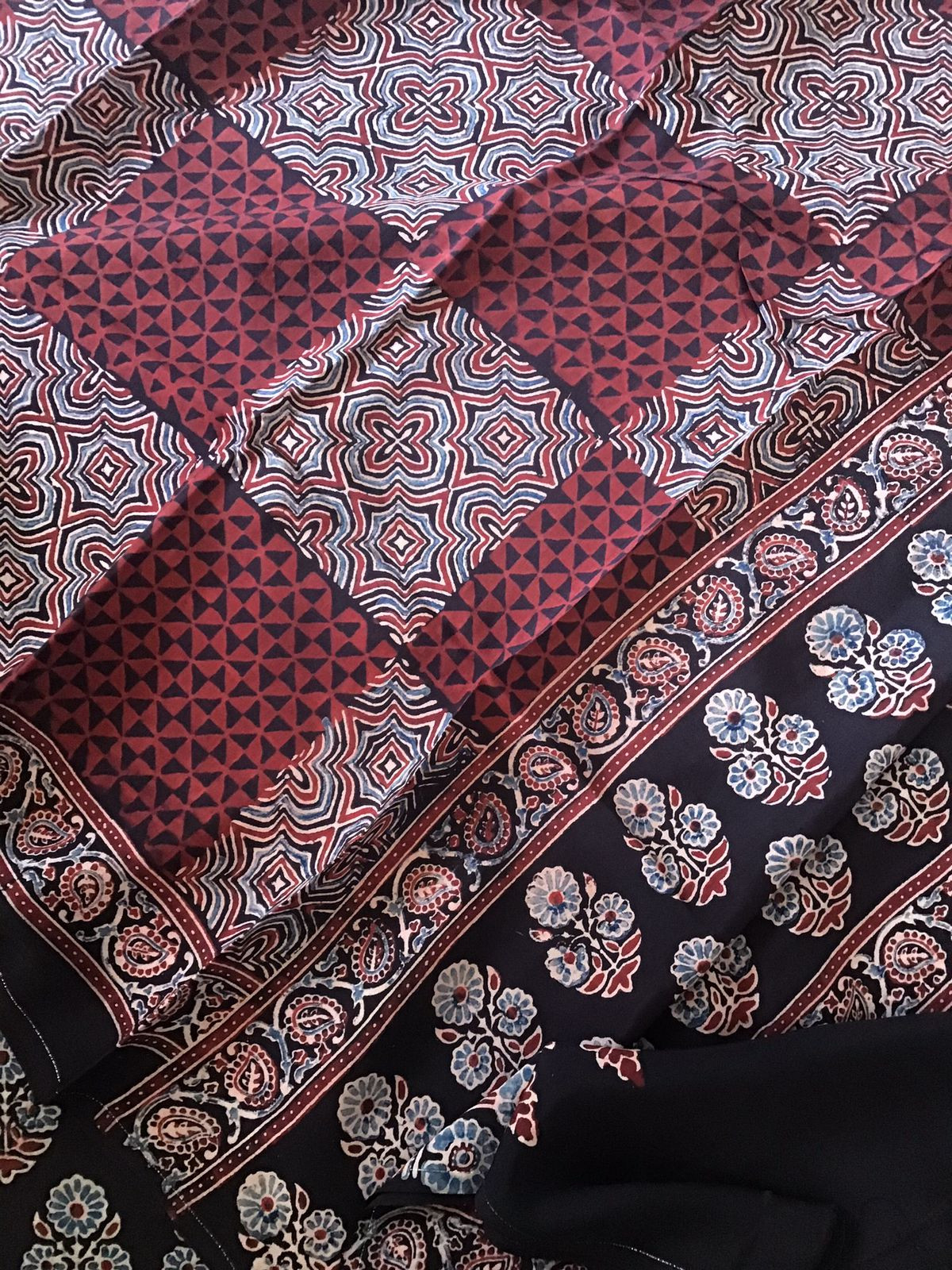 Pure Fine Muslin Silk Ajrakh Printed Embroidered Suit - Black