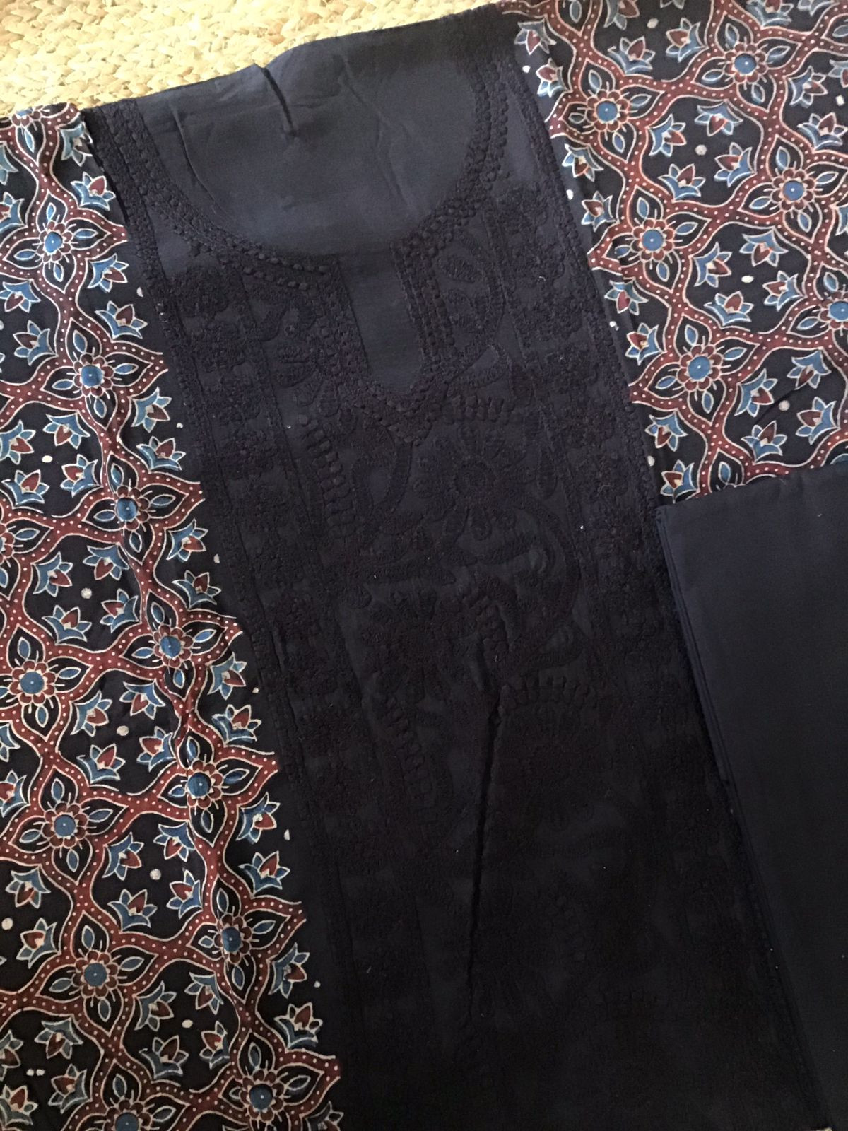 Pure Fine Muslin Silk Ajrakh Printed Embroidered Suit - Black