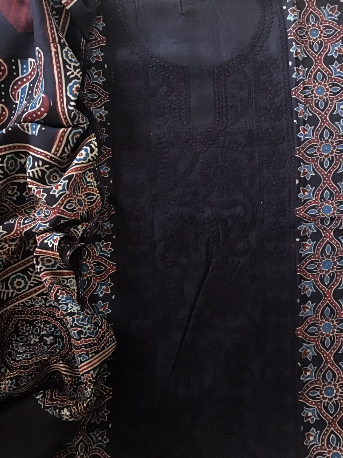 Pure Fine Muslin Silk Ajrakh Printed Embroidered Suit - Black