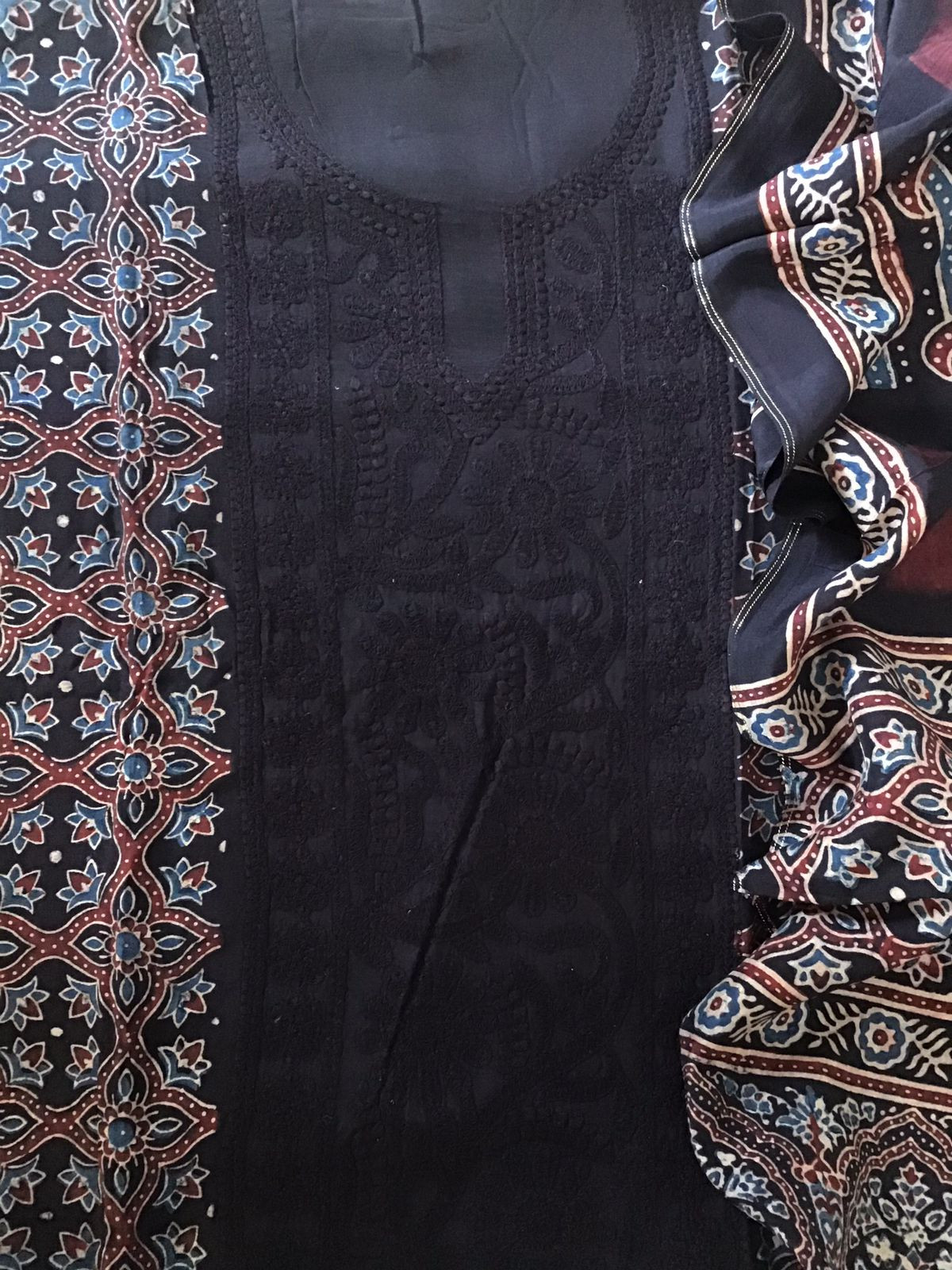 Pure Fine Muslin Silk Ajrakh Printed Embroidered Suit - Black