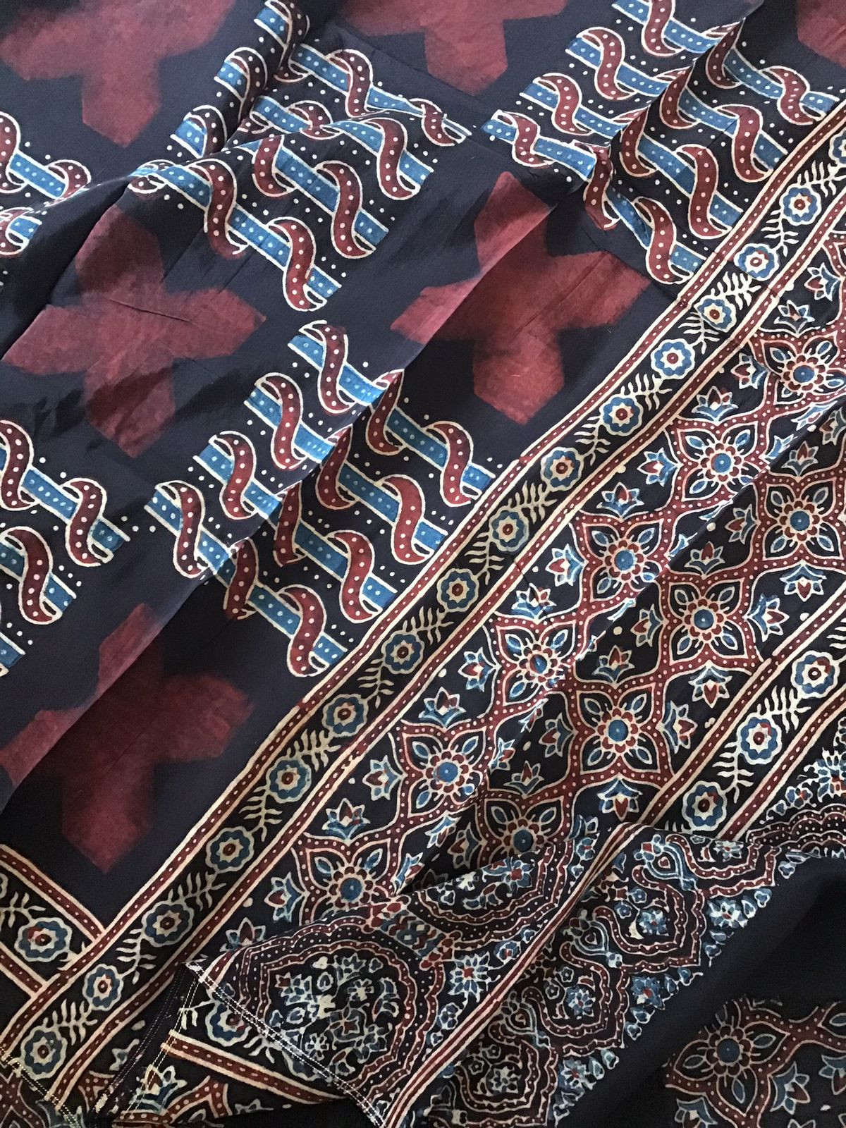 Pure Fine Muslin Silk Ajrakh Printed Embroidered Suit - Black