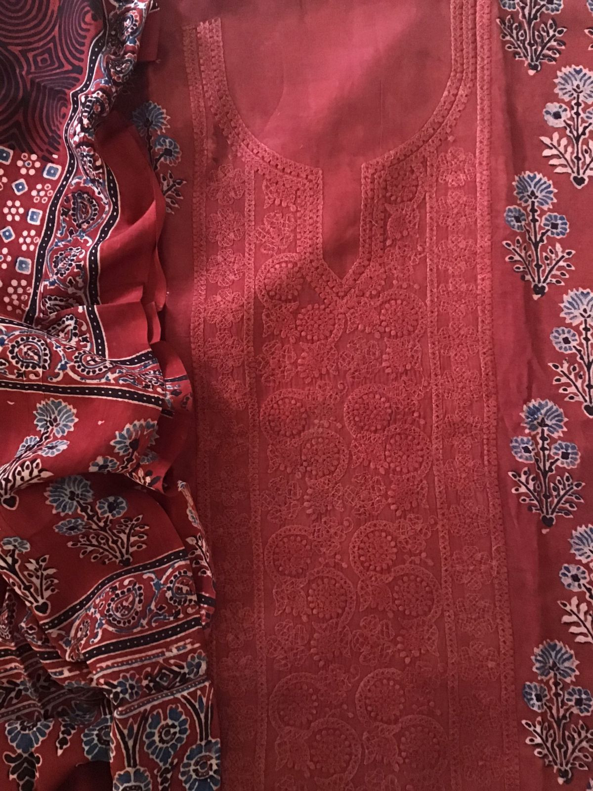 Pure Fine Muslin Silk Ajrakh Printed Embroidered Suit - Dark Red