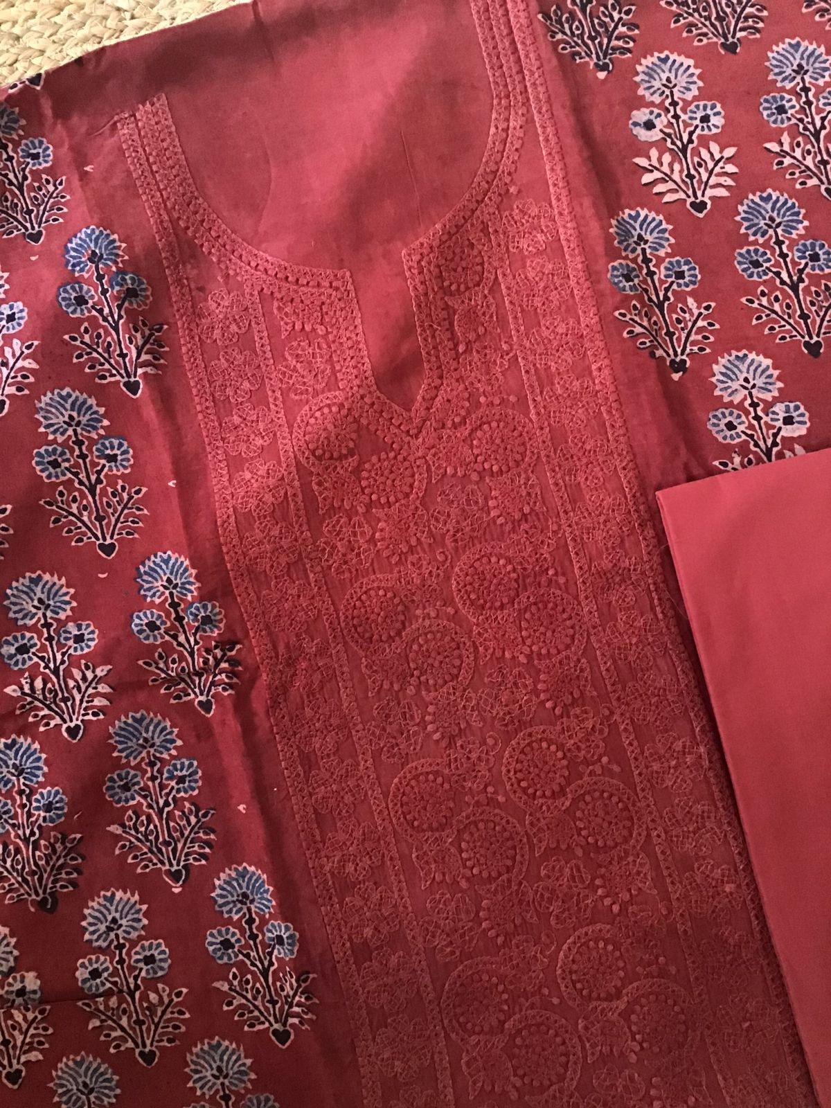 Pure Fine Muslin Silk Ajrakh Printed Embroidered Suit - Dark Red