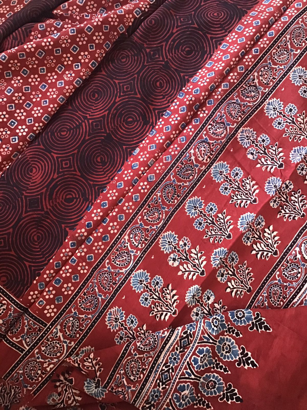Pure Fine Muslin Silk Ajrakh Printed Embroidered Suit - Dark Red