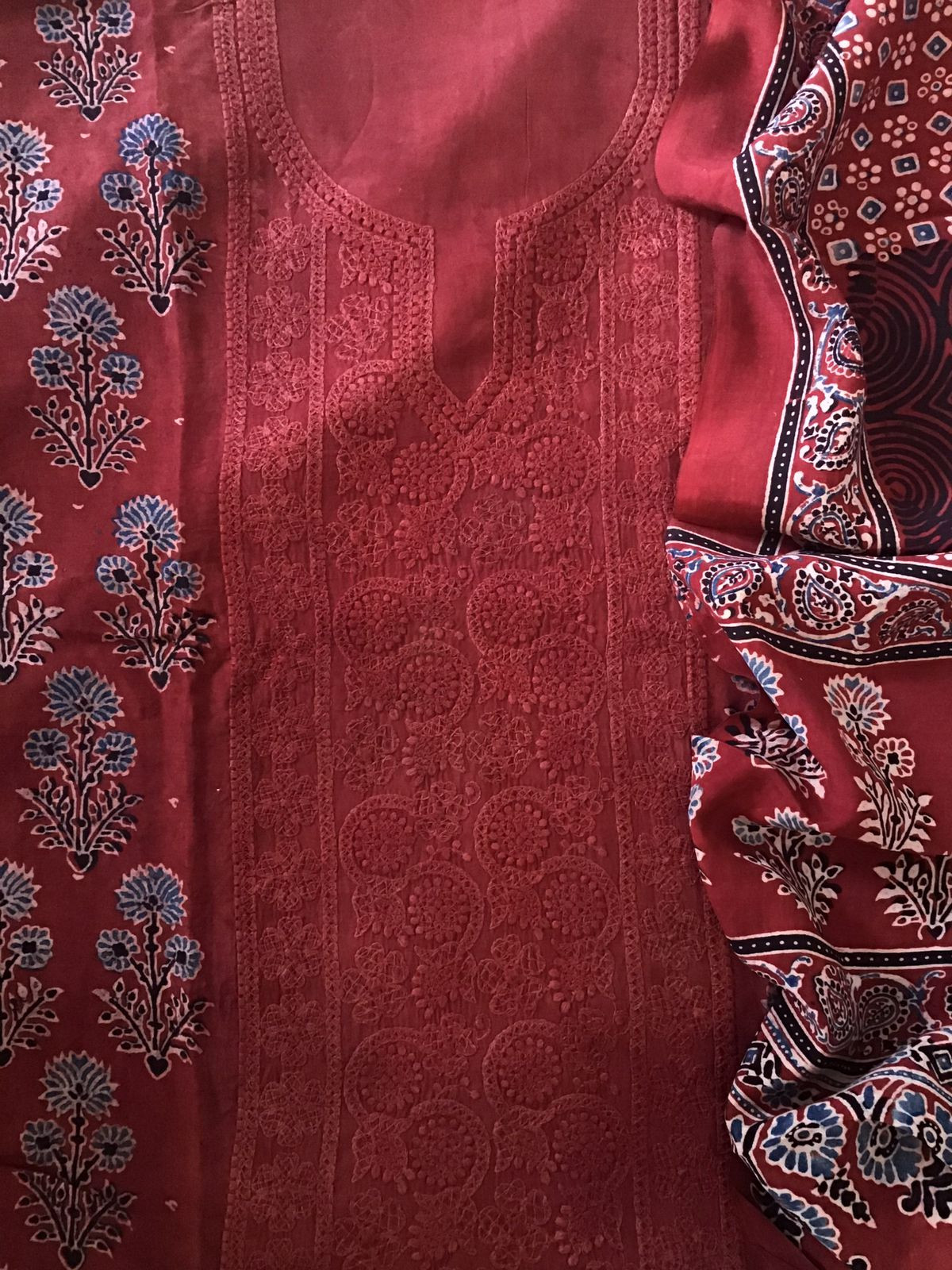 Pure Fine Muslin Silk Ajrakh Printed Embroidered Suit - Dark Red