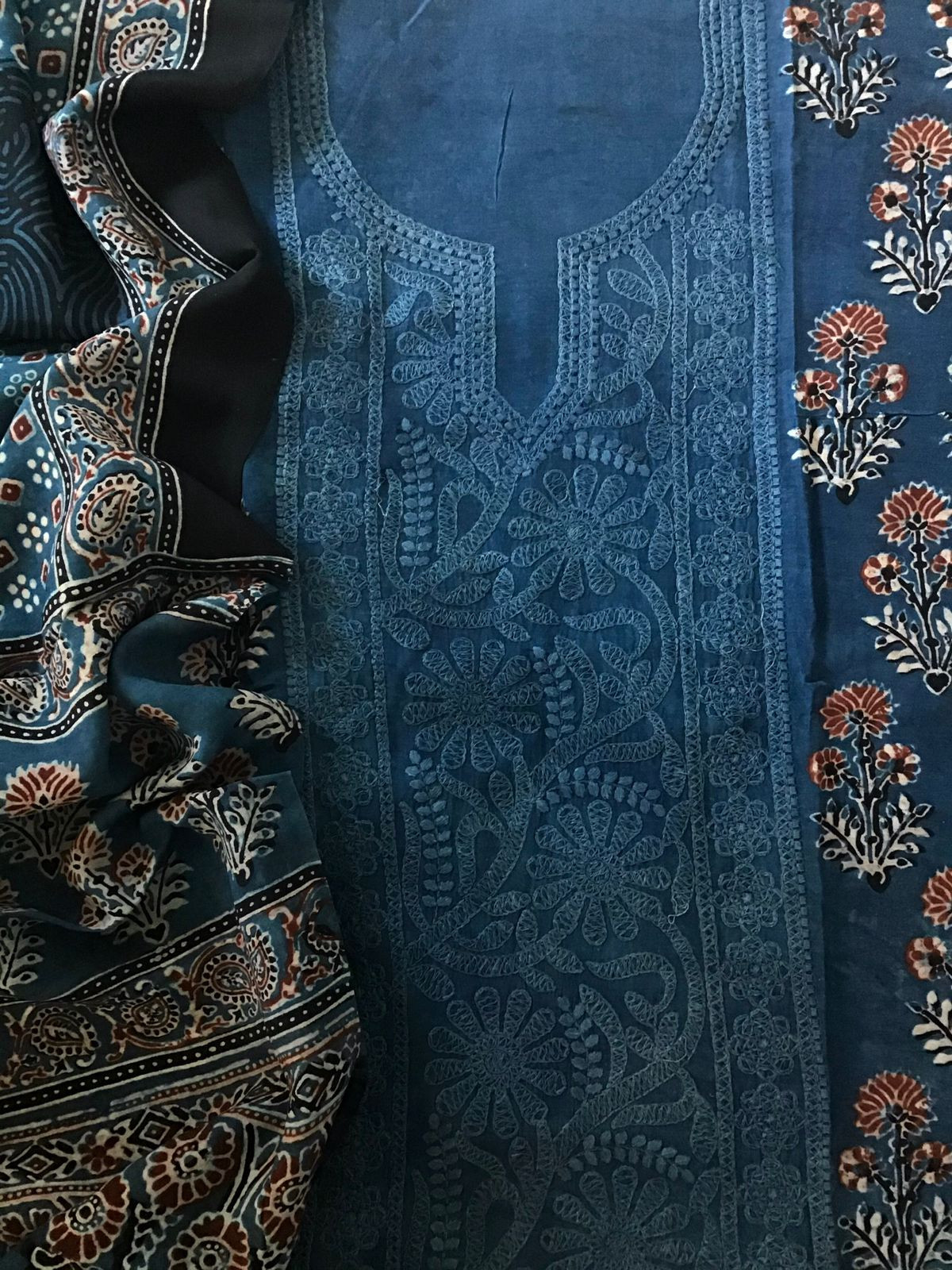 Pure Fine Muslin Silk Ajrakh Printed Embroidered Suit - Blue