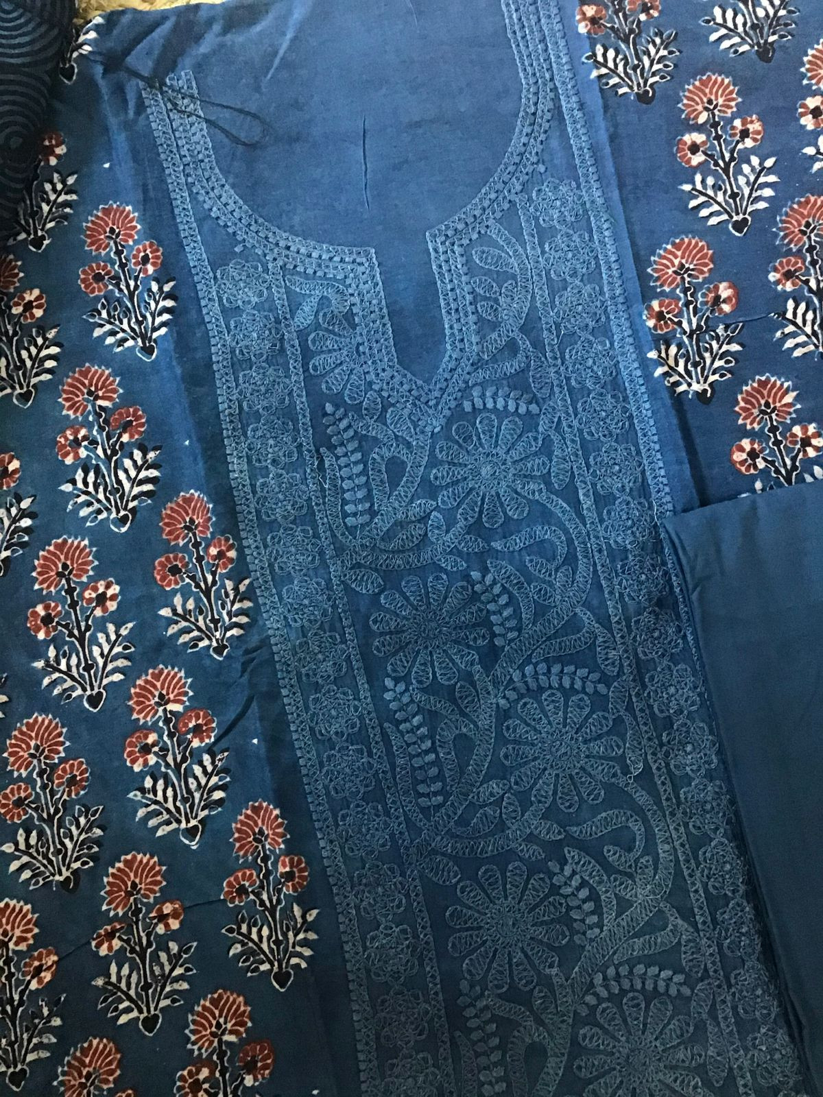 Pure Fine Muslin Silk Ajrakh Printed Embroidered Suit - Blue
