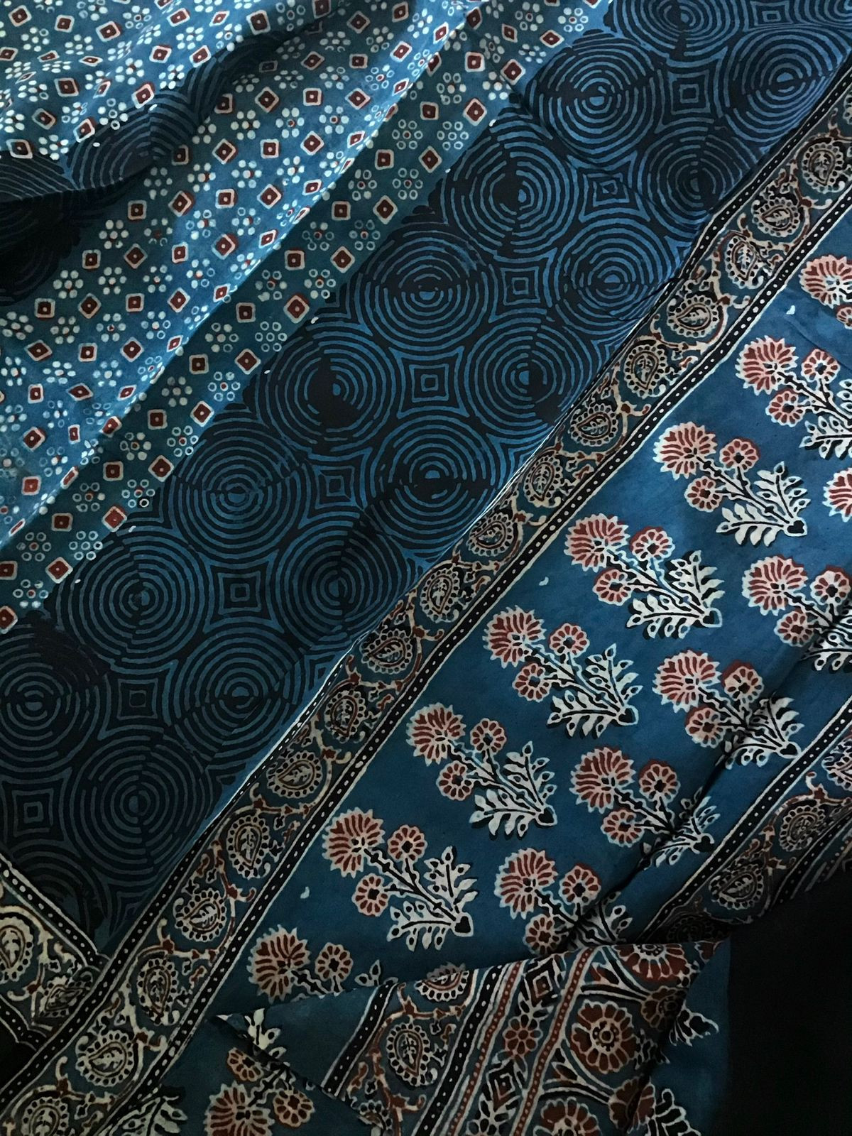 Pure Fine Muslin Silk Ajrakh Printed Embroidered Suit - Blue