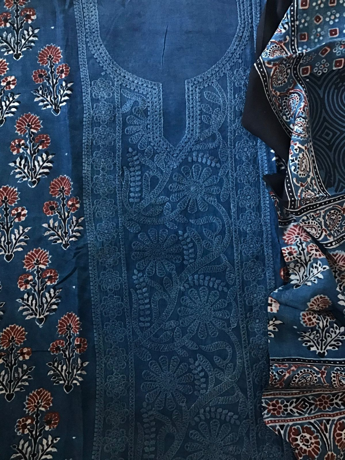 Pure Fine Muslin Silk Ajrakh Printed Embroidered Suit - Blue