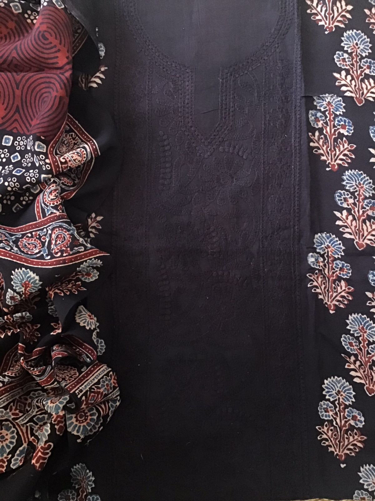 Pure Fine Muslin Silk Ajrakh Printed Embroidered Suit - Black