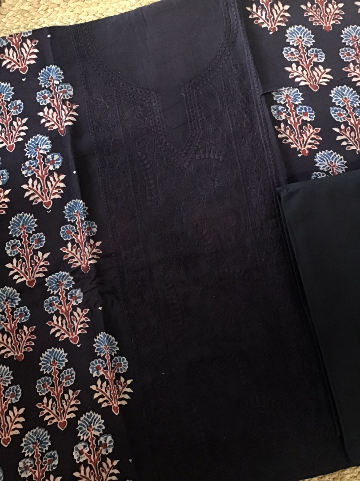 Pure Fine Muslin Silk Ajrakh Printed Embroidered Suit - Black