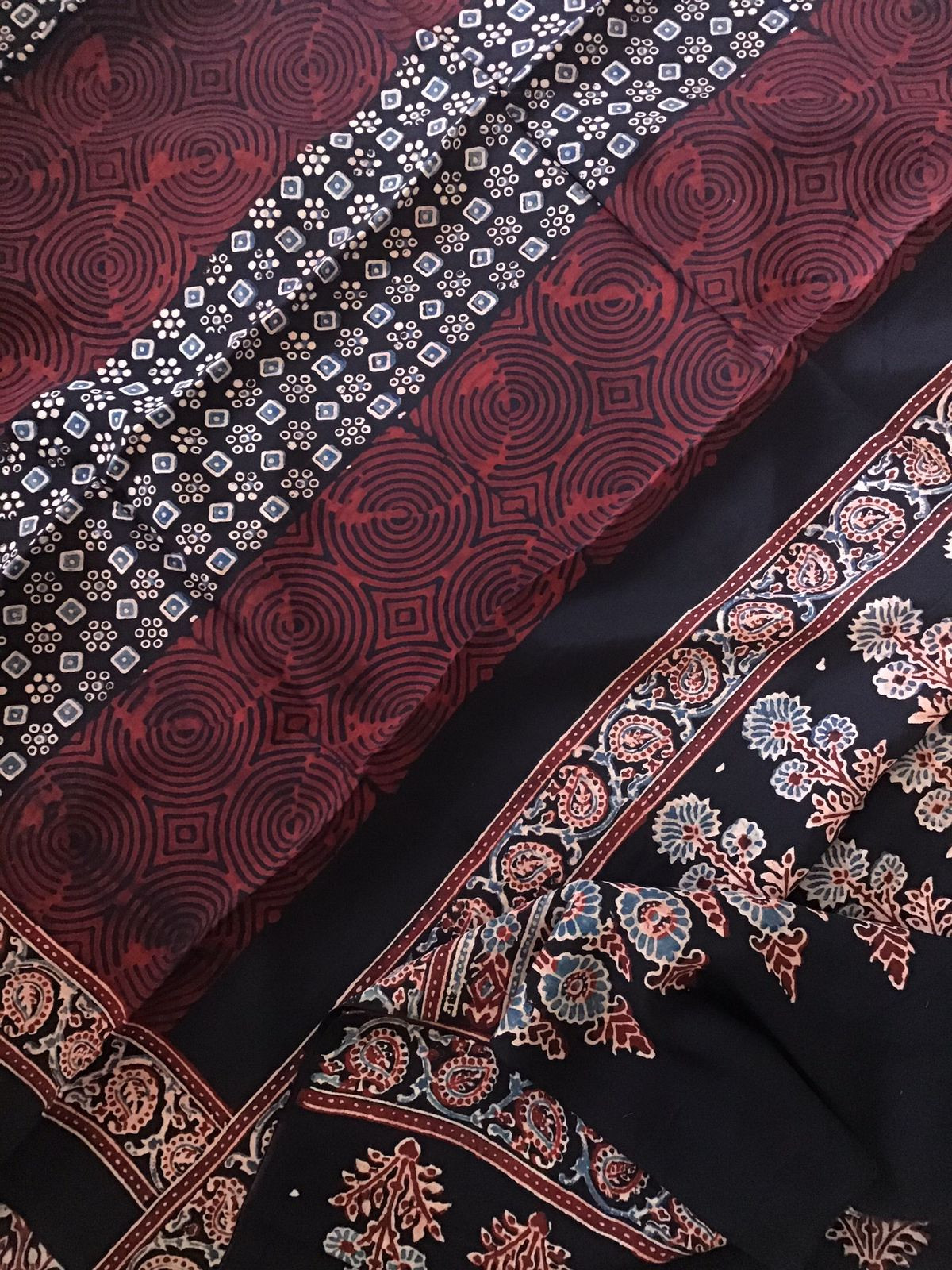 Pure Fine Muslin Silk Ajrakh Printed Embroidered Suit - Black