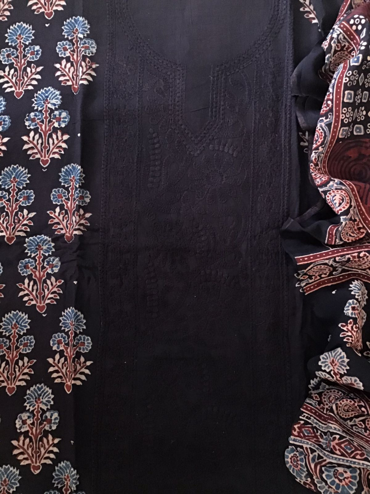 Pure Fine Muslin Silk Ajrakh Printed Embroidered Suit - Black