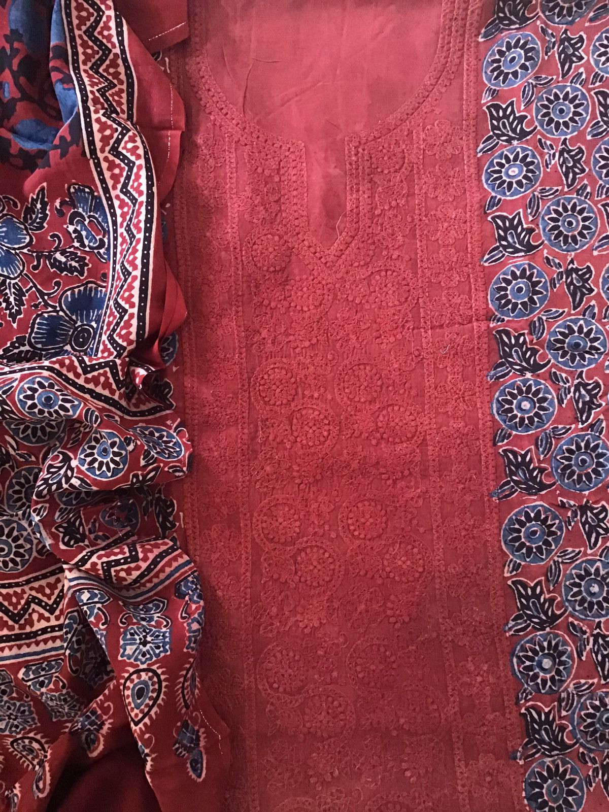 Pure Fine Muslin Silk Ajrakh Printed Embroidered Suit - Dark Red