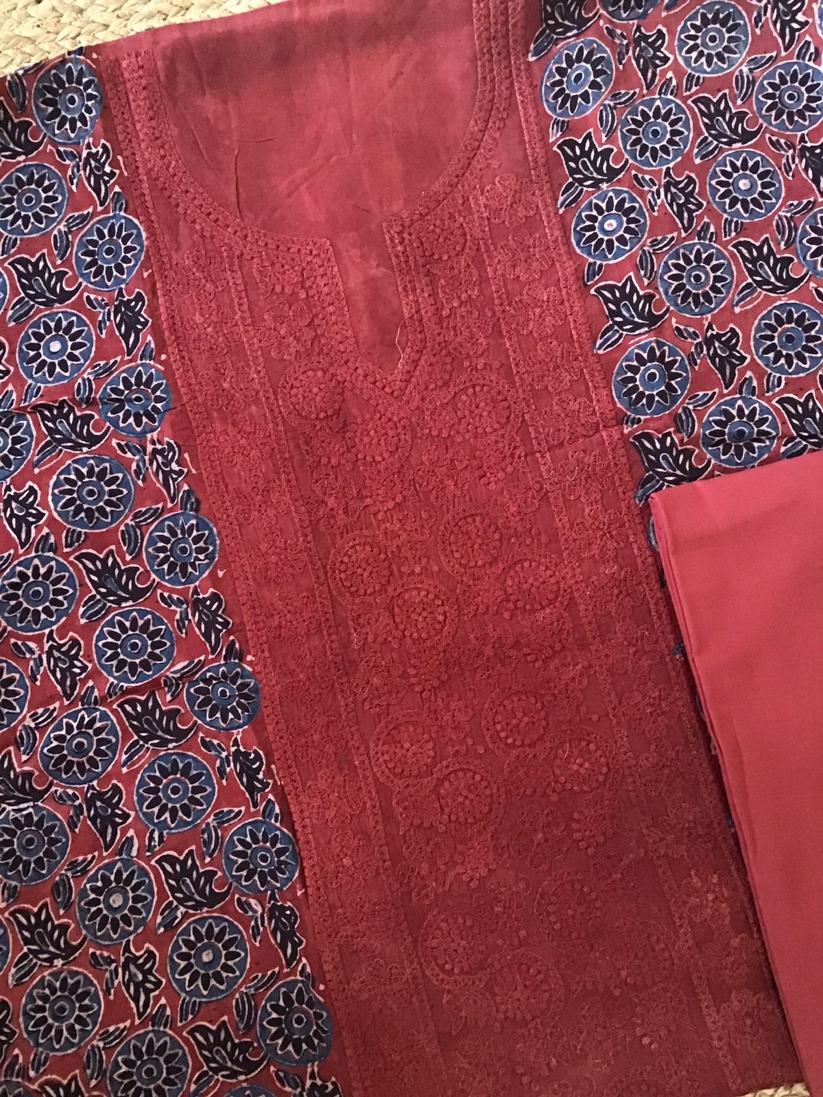 Pure Fine Muslin Silk Ajrakh Printed Embroidered Suit - Dark Red