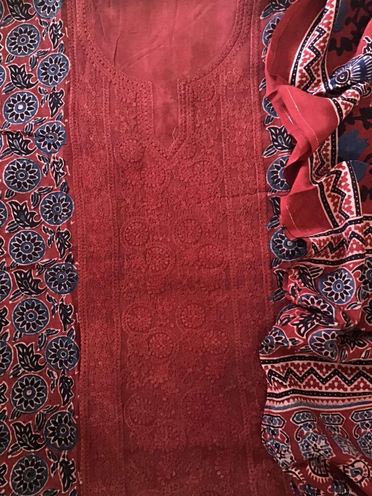 Pure Fine Muslin Silk Ajrakh Printed Embroidered Suit - Dark Red