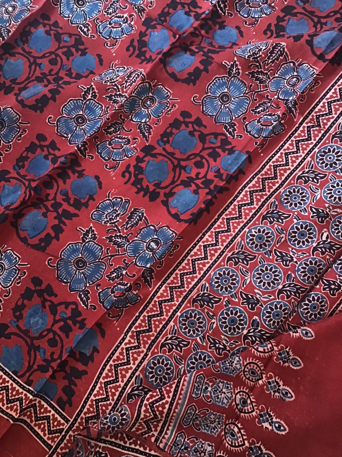 Pure Fine Muslin Silk Ajrakh Printed Embroidered Suit - Dark Red