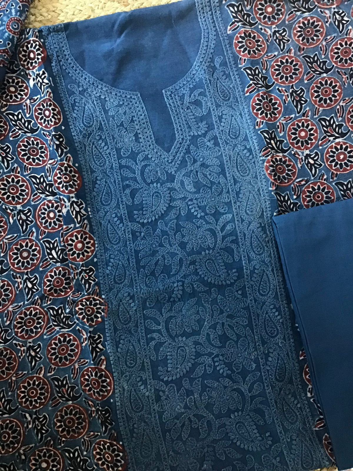 Pure Fine Muslin Silk Ajrakh Printed Embroidered Suit - Blue