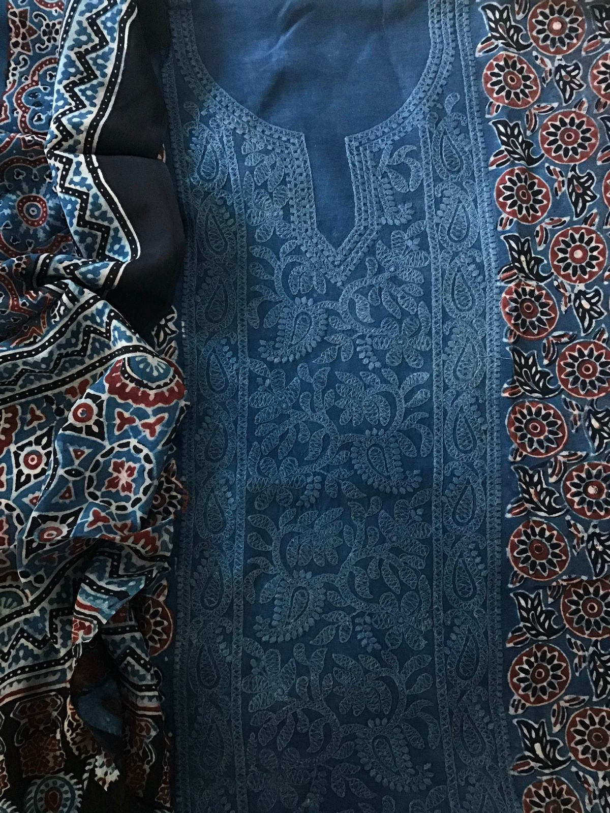 Pure Fine Muslin Silk Ajrakh Printed Embroidered Suit - Blue