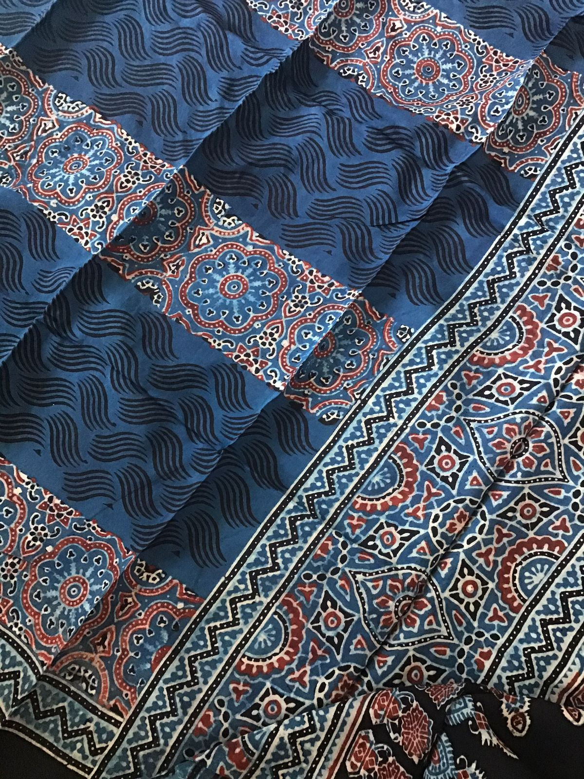 Pure Fine Muslin Silk Ajrakh Printed Embroidered Suit - Blue