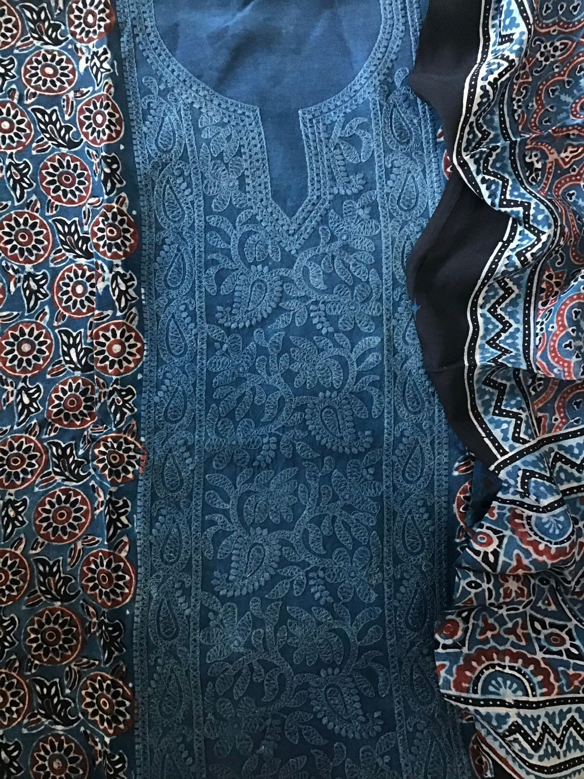 Pure Fine Muslin Silk Ajrakh Printed Embroidered Suit - Blue