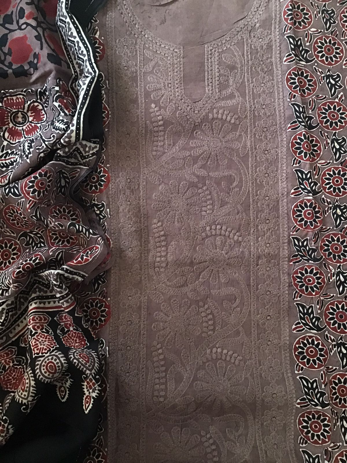 Pure Fine Muslin Silk Ajrakh Printed Embroidered Suit - Brown
