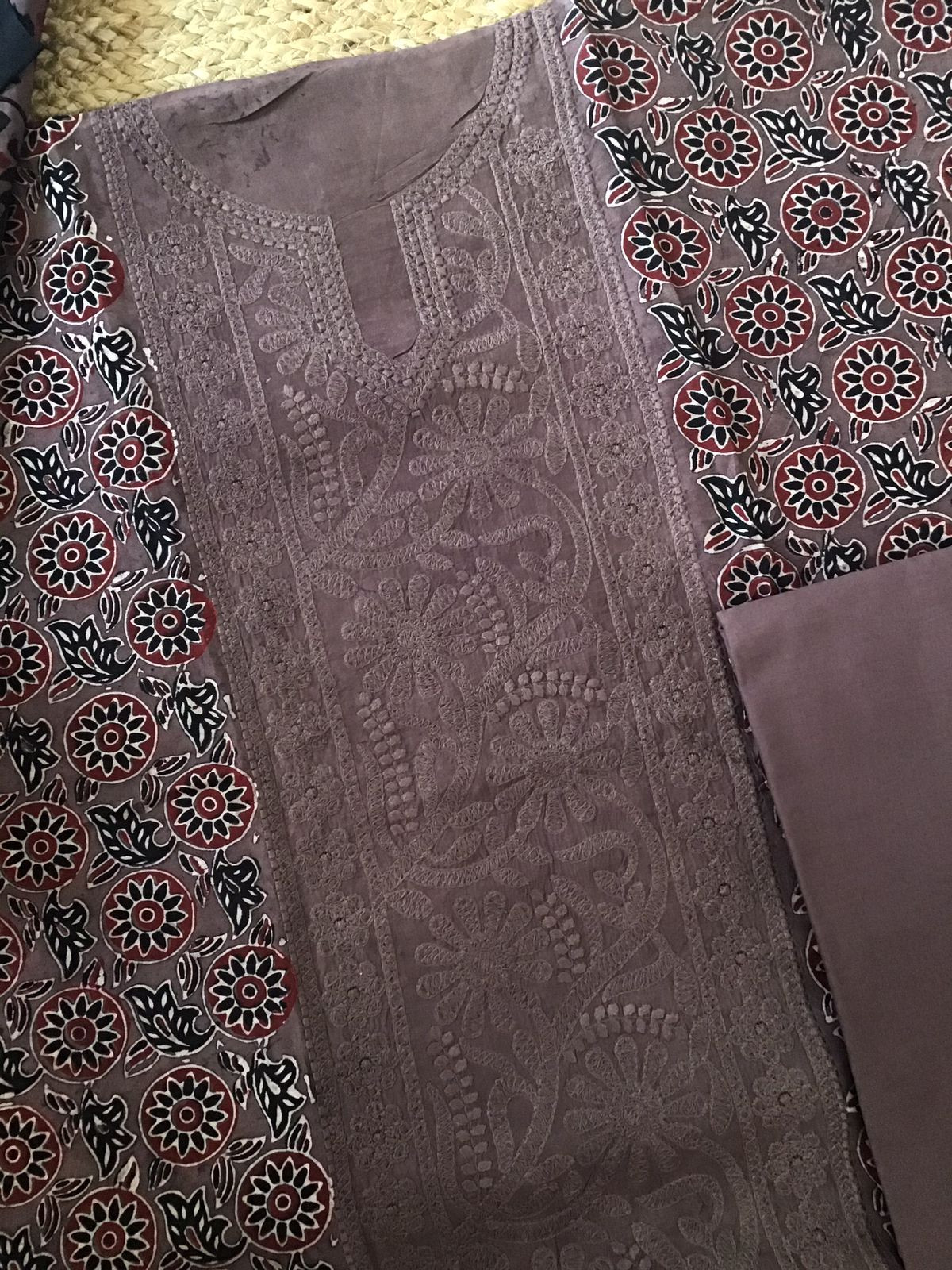 Pure Fine Muslin Silk Ajrakh Printed Embroidered Suit - Brown