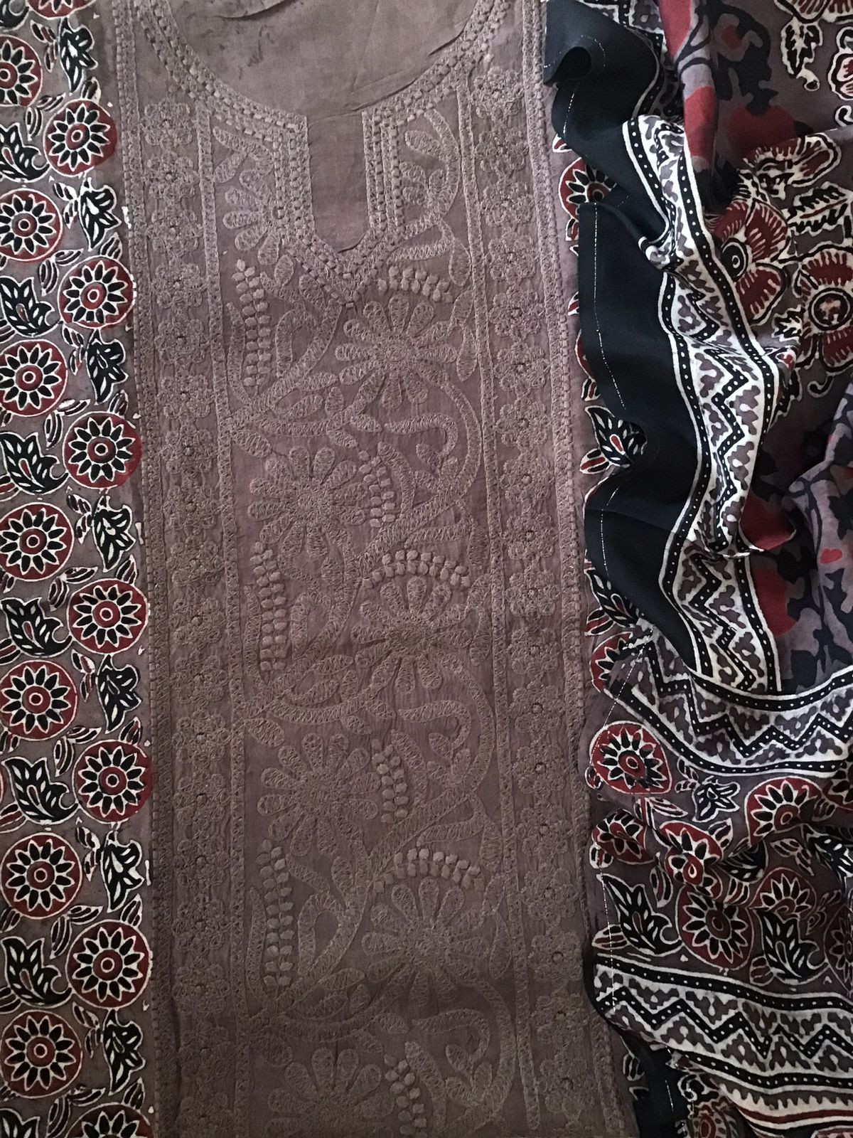 Pure Fine Muslin Silk Ajrakh Printed Embroidered Suit - Brown