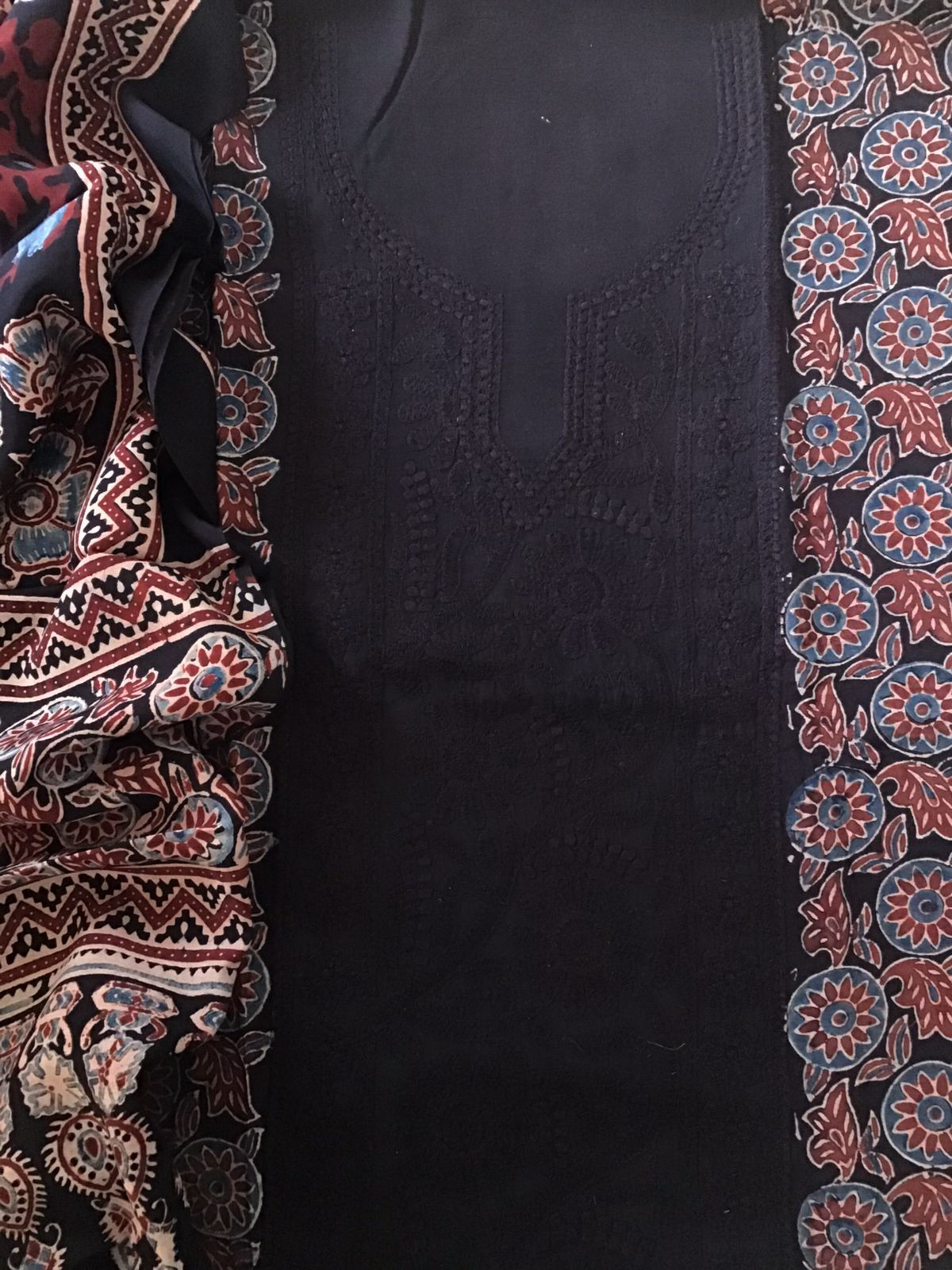 Pure Fine Muslin Silk Ajrakh Printed Embroidered Suit - Black
