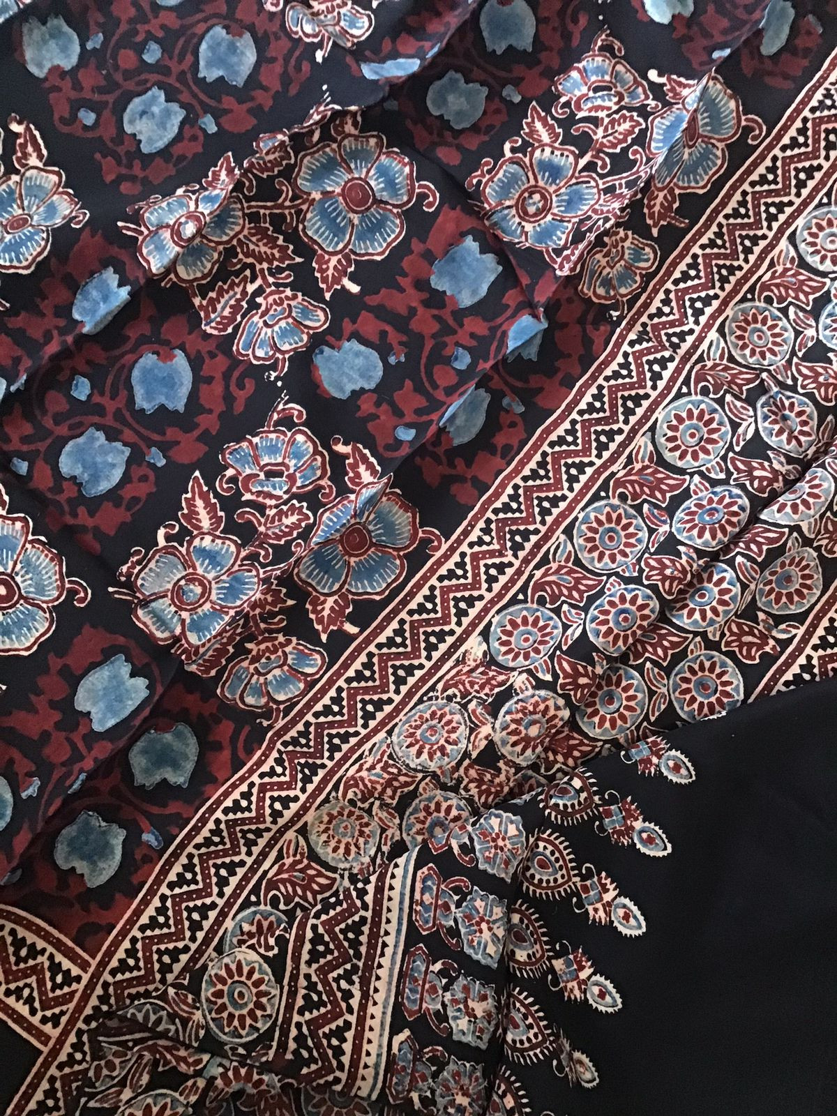 Pure Fine Muslin Silk Ajrakh Printed Embroidered Suit - Black