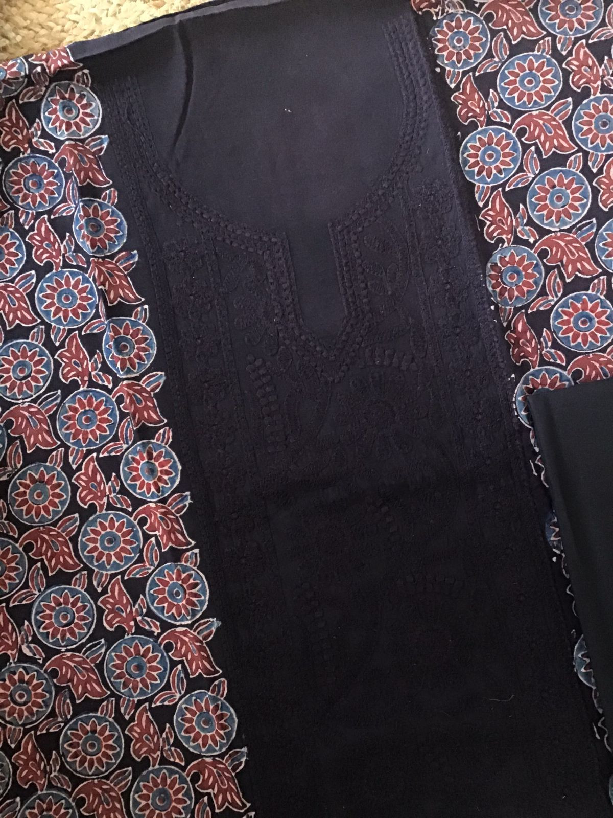 Pure Fine Muslin Silk Ajrakh Printed Embroidered Suit - Black