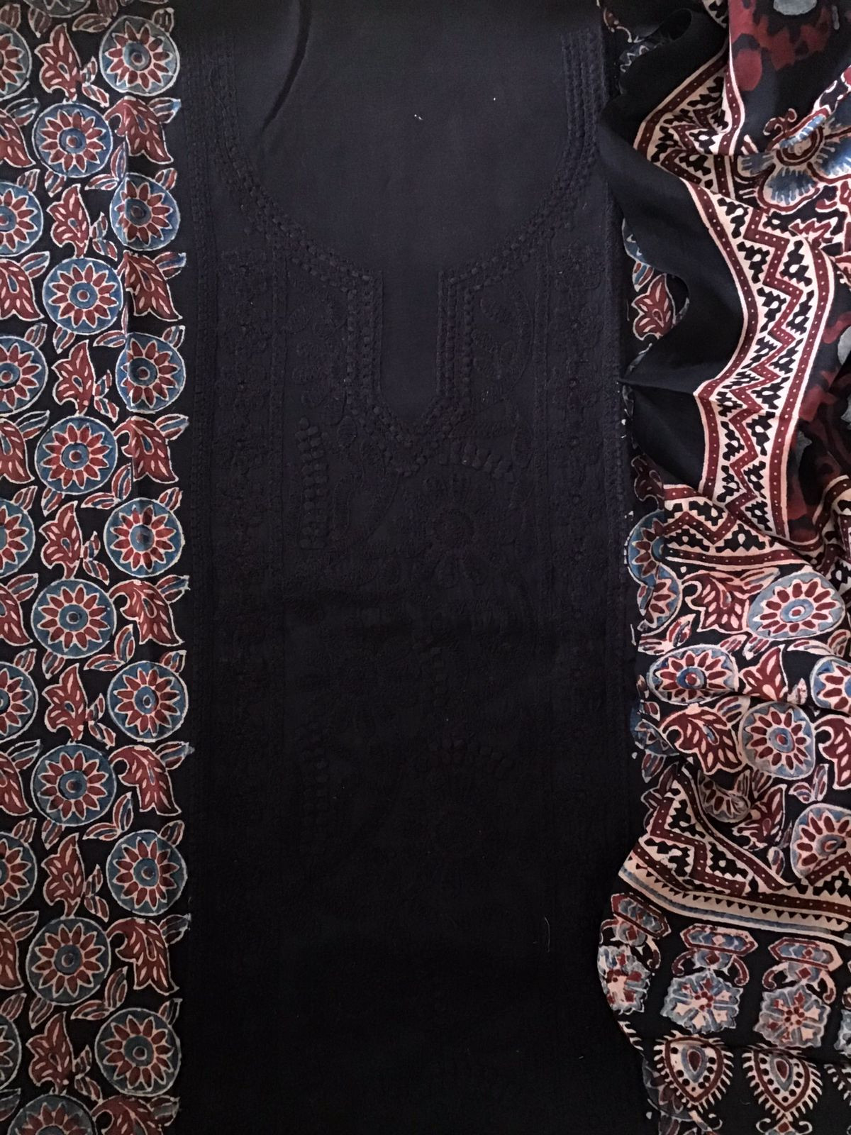 Pure Fine Muslin Silk Ajrakh Printed Embroidered Suit - Black