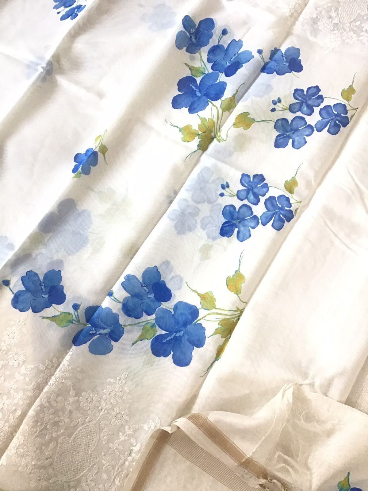 Pure Fine Mul Chanderi Printed Embroidered Suit - Off White