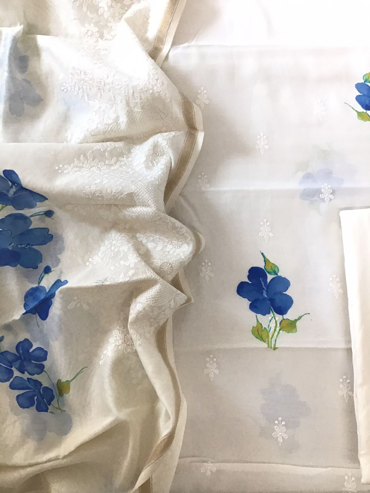 Pure Fine Mul Chanderi Printed Embroidered Suit - Off White