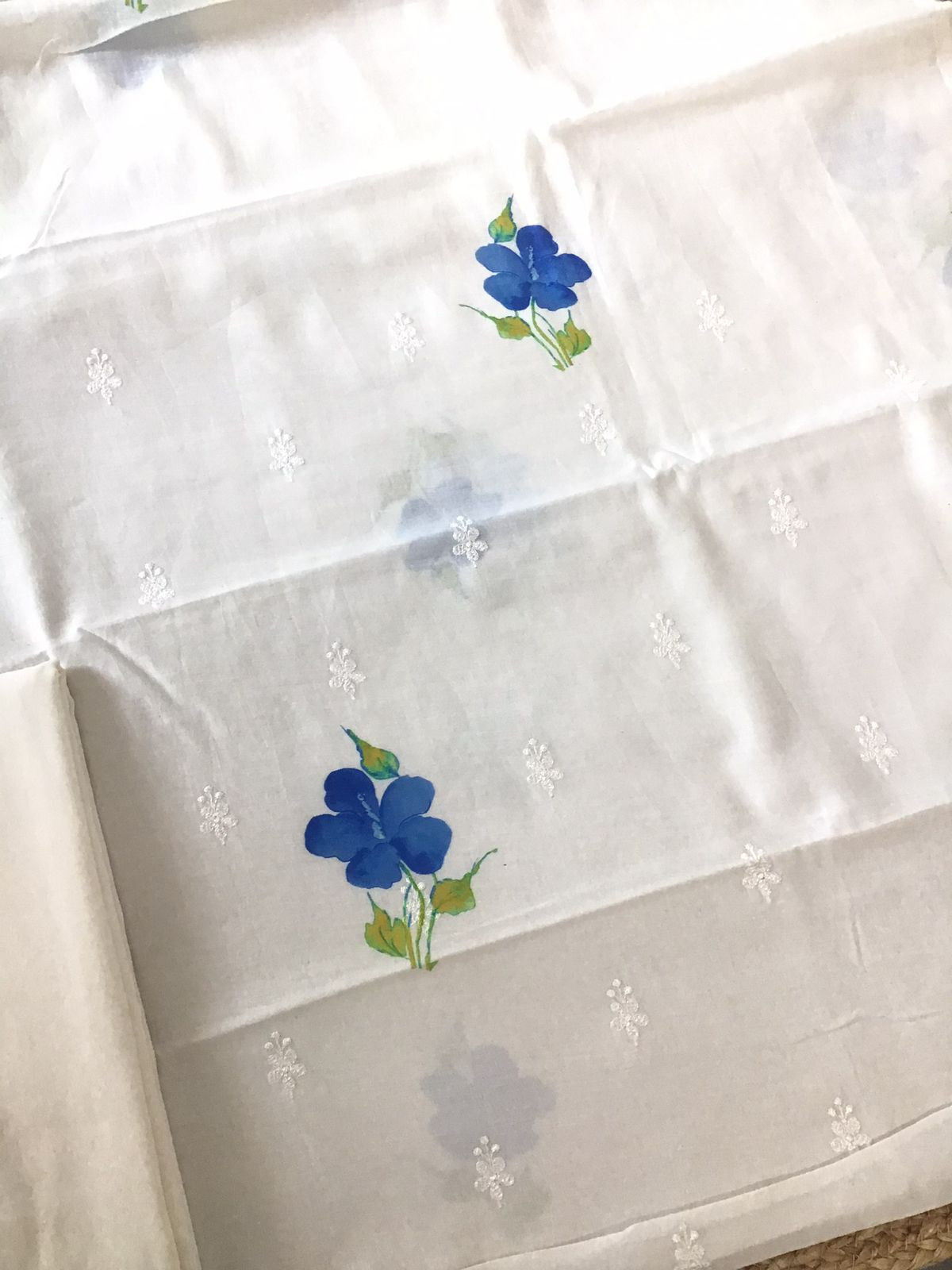 Pure Fine Mul Chanderi Printed Embroidered Suit - Off White