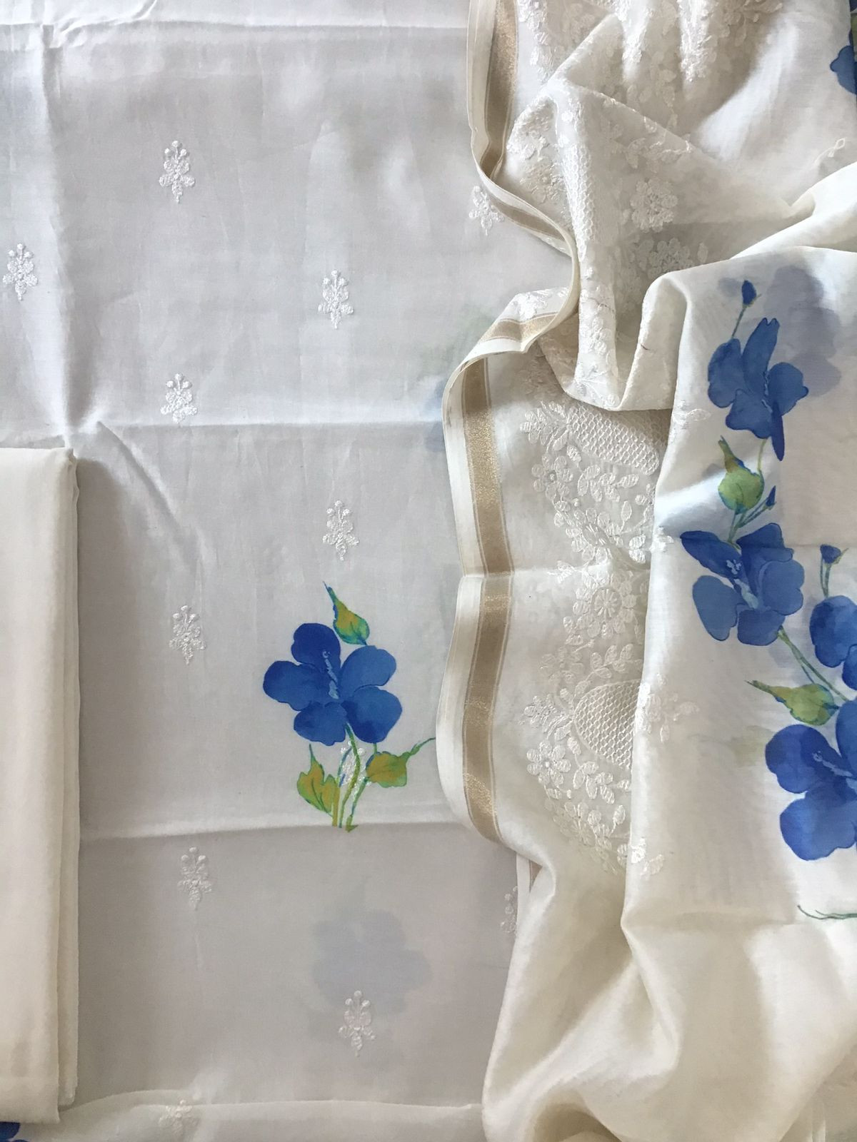 Pure Fine Mul Chanderi Printed Embroidered Suit - Off White