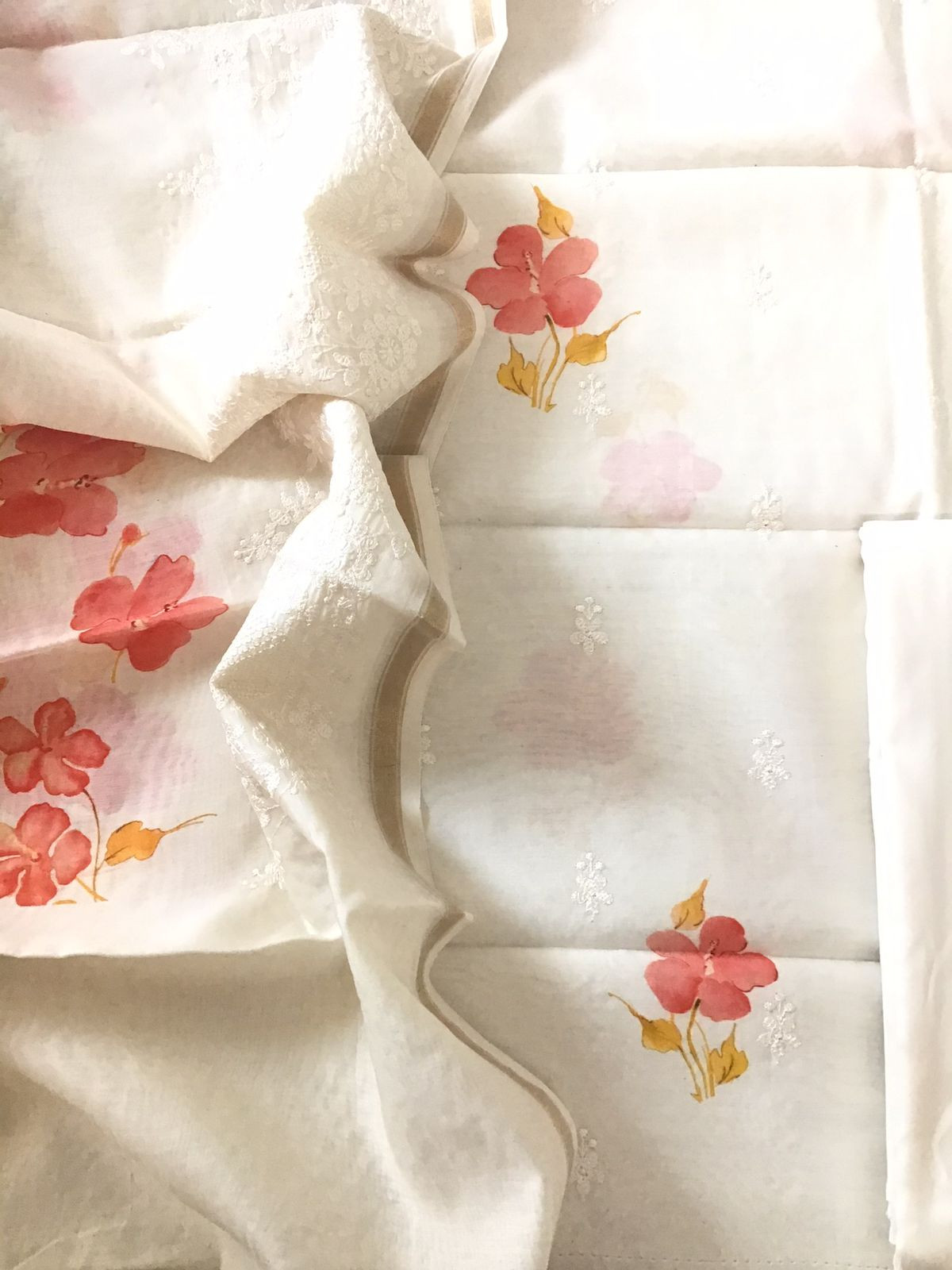 Pure Fine Mul Chanderi Printed Embroidered Suit - Off White