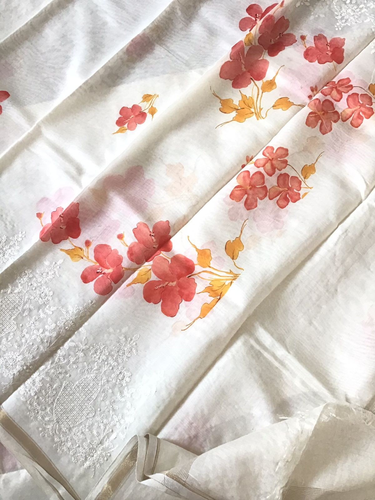 Pure Fine Mul Chanderi Printed Embroidered Suit - Off White