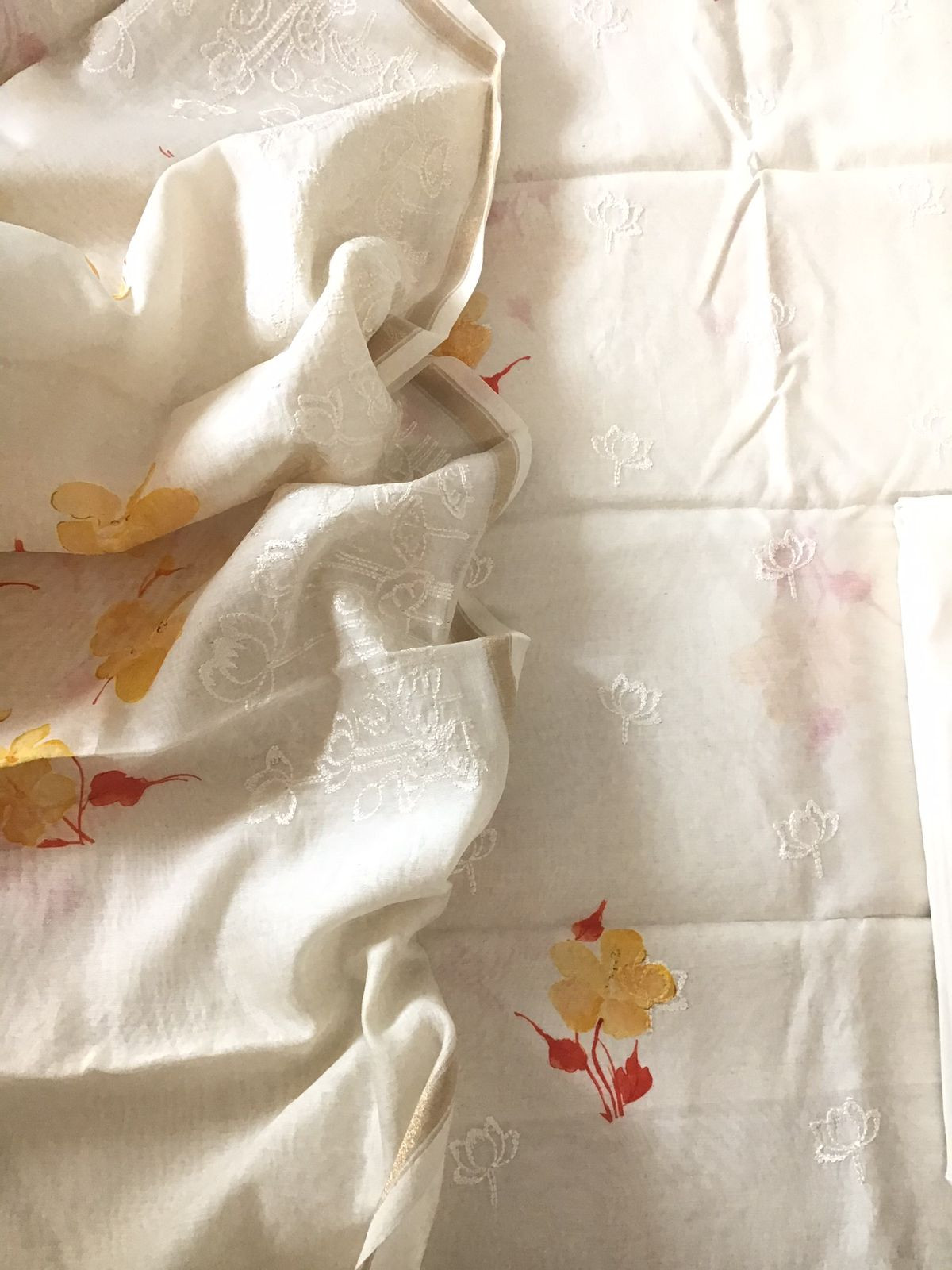 Pure Fine Mul Chanderi Printed Embroidered Suit - Off White